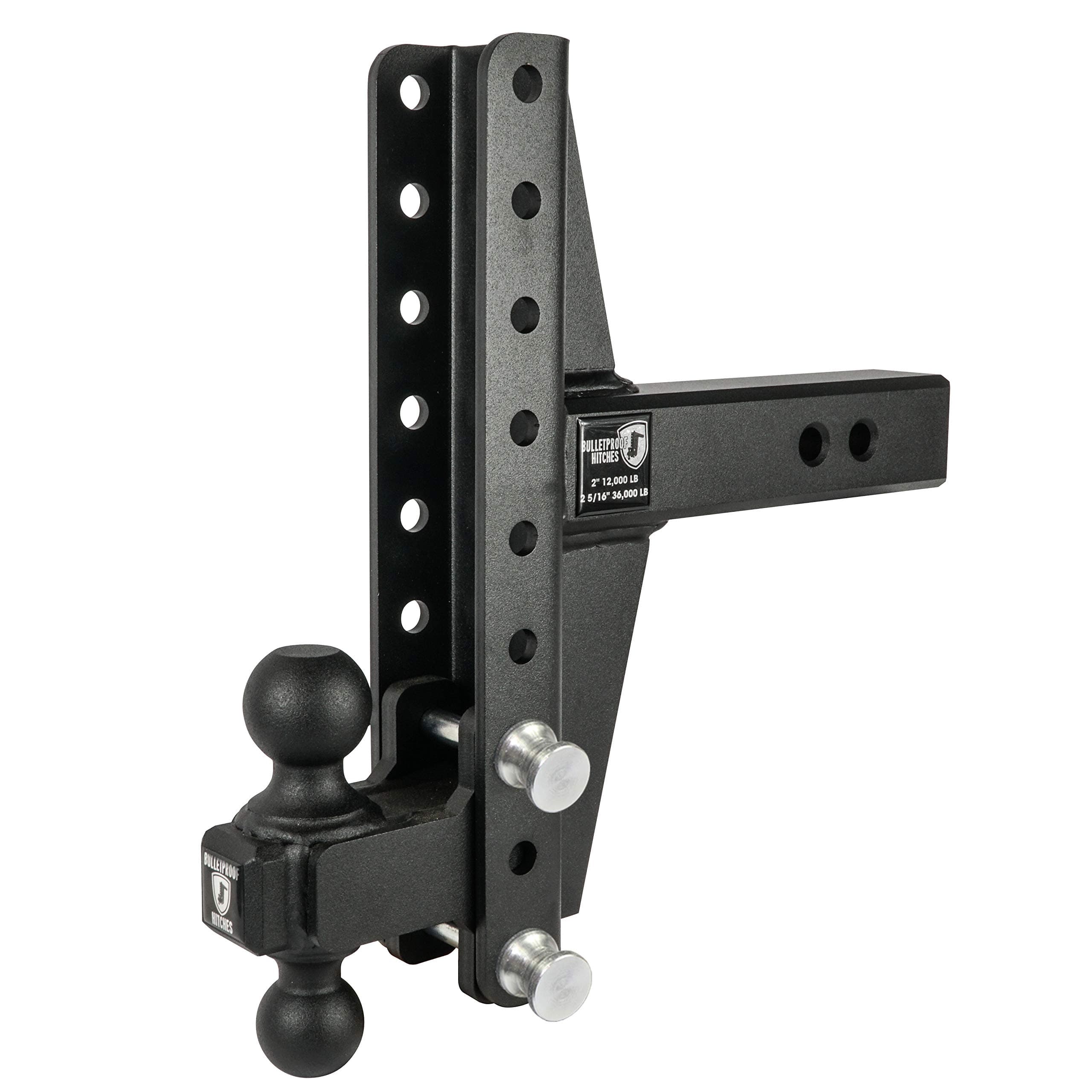 BulletProof Hitches - 2.5" Adjustable Extreme Duty Trailer Hitch (36,000 lb. Rating) - Offset 4" & 6" Drop/Rise with 2" and 2 5/16" Dual Ball - Powder Coat, Solid Steel, Corrosion-Resistant