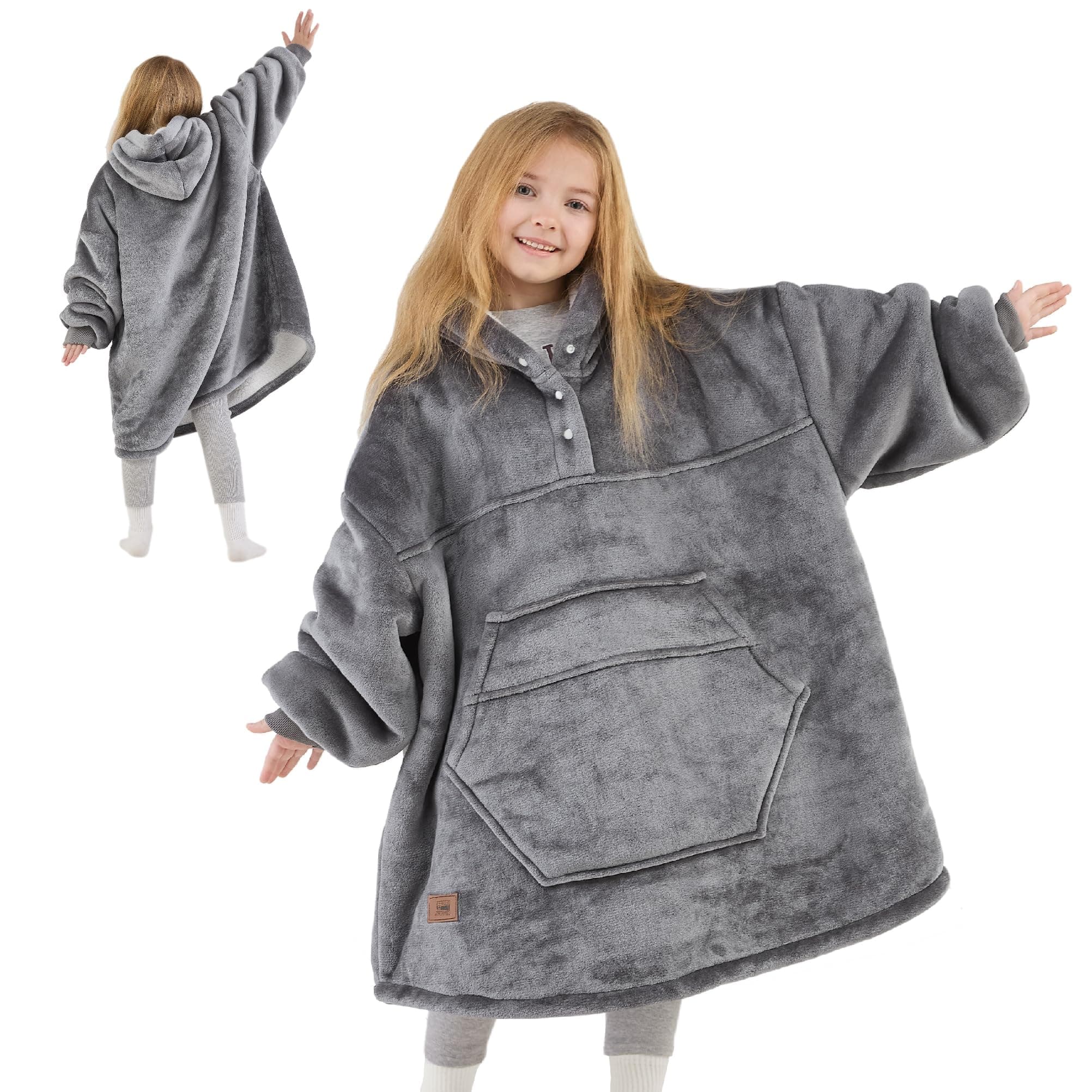 Degrees of Comfort Wearable Blanket Hoodie for Kids, Sherpa Lined Hooded Blankets Sweatshirt with Pockets, Grey, One Size Fits All, 30x28 Inch