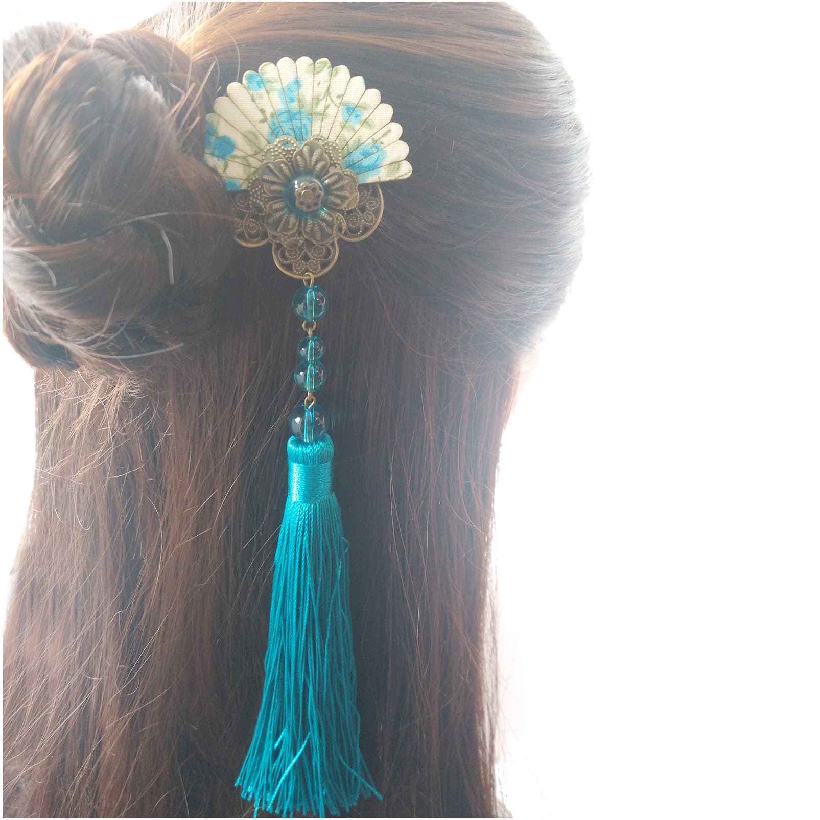 BOCHION Antique Long Tassel Hair Clip Fan Shape Kimono Bobby Pin Women Girl Hairpin Cosplay Barrette Hair Accessories (Cyan)