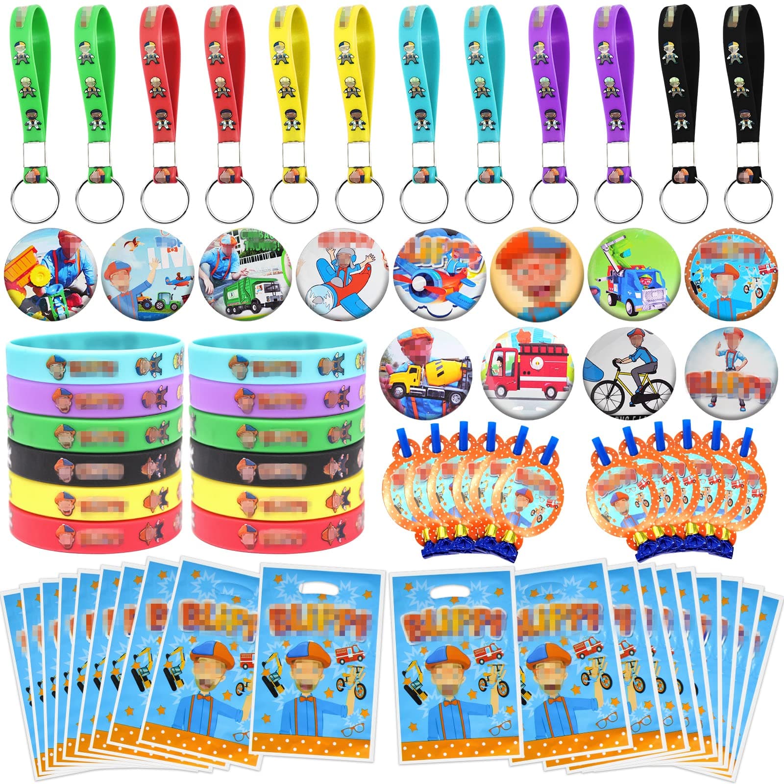 English Teacher Party Favors Include 12 Various Styles Button Pins, 12 Colorful Key Chains, 12 Bracelets, 12 Long Blows and 20 Goodie Bags, Birthday Party Supplies Gift Set for Kids Teens Adults