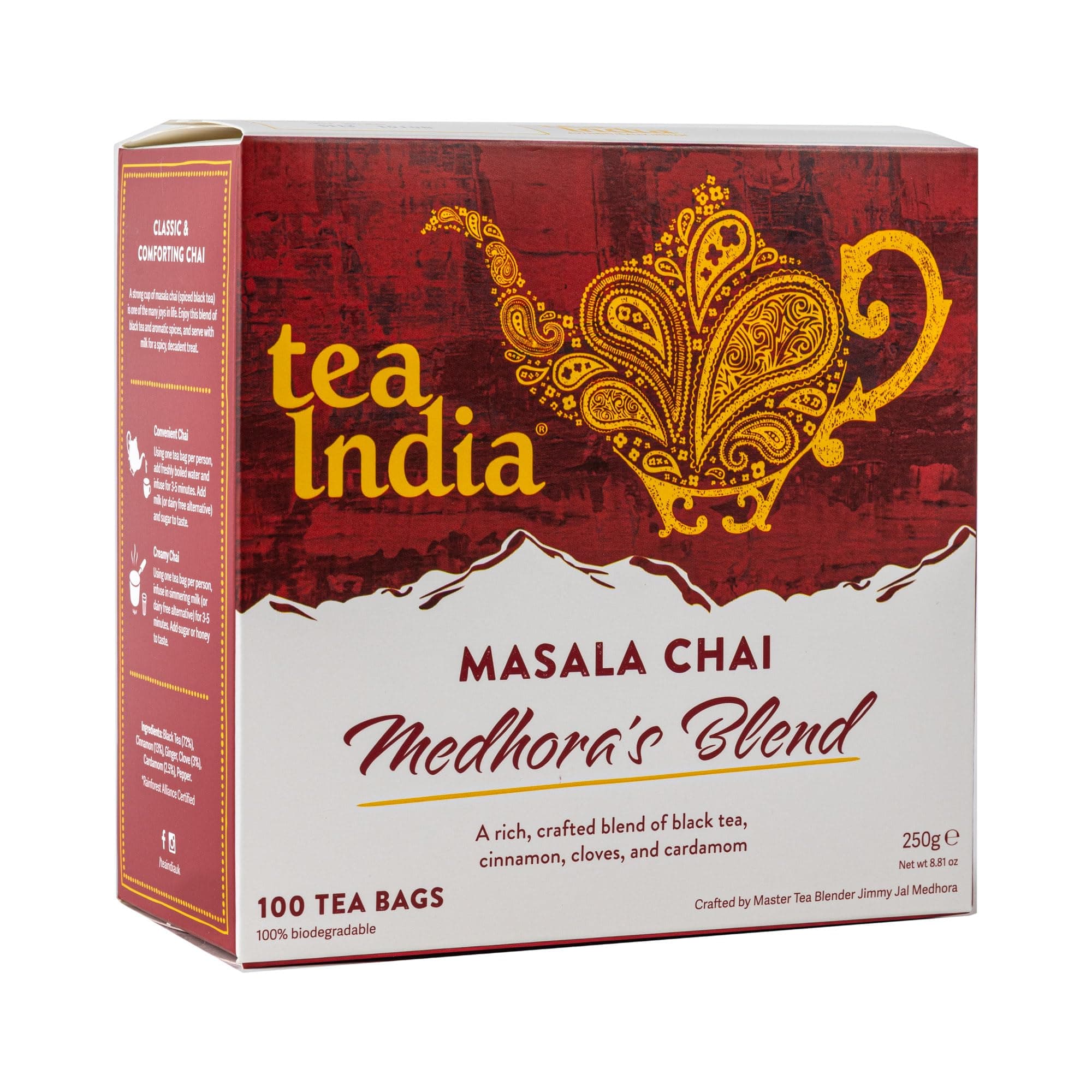 Medhora's Blend Masala Chai Tea Bags (100 Chai Tea Bags Bulk) Rainforest Alliance Certified | Biodegradable | Masala Chai Spiced Chai Blend of Black Tea, Ginger Tea, Cinnamon