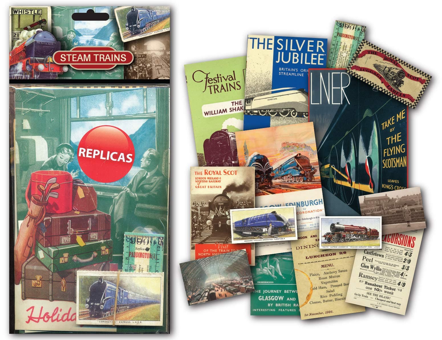 Steam Trains Memorabilia Gift Pack with over 20 pieces of Replica Artwork