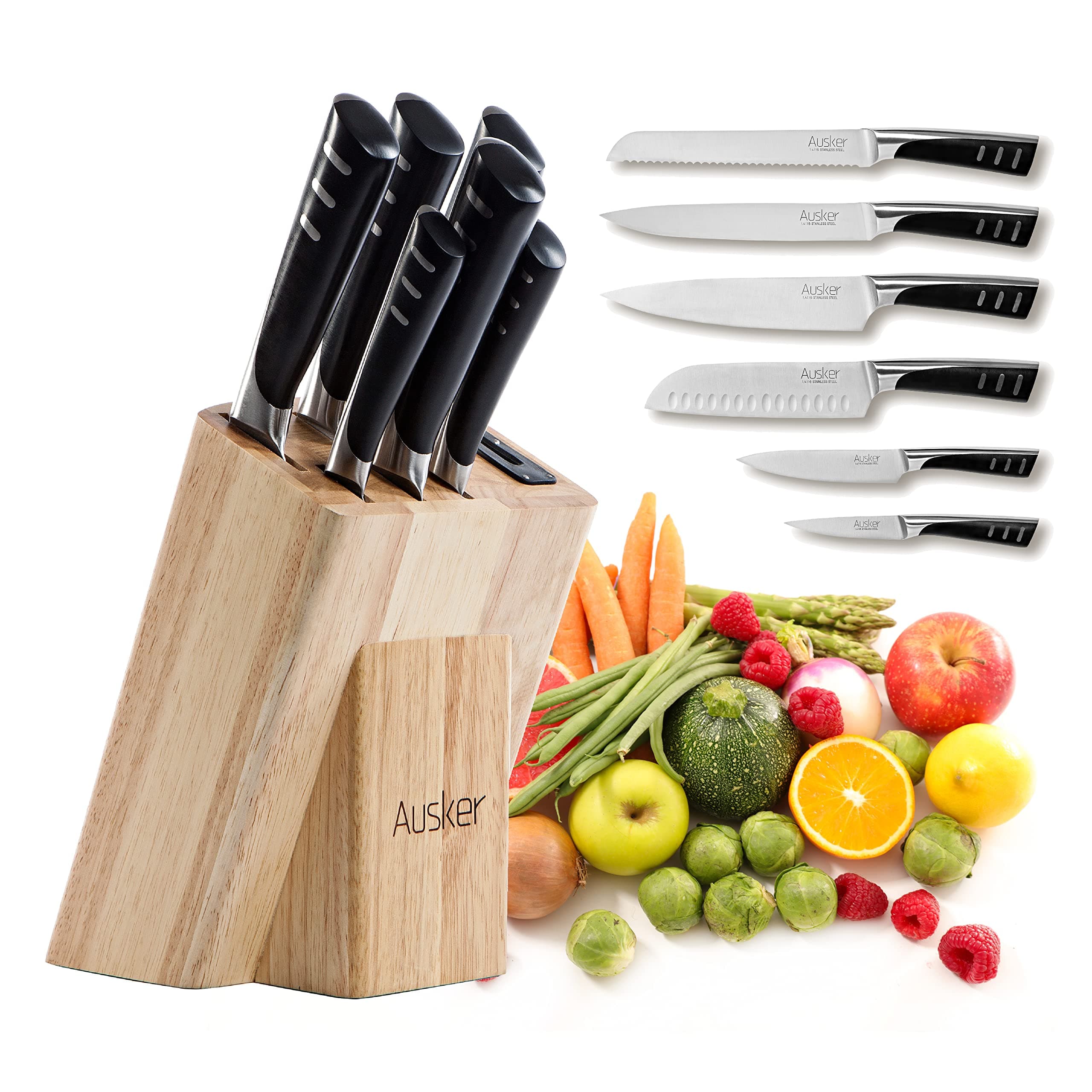 Ausker - Knife Block with Stainless Steel Knife Set, Chef's Knife, Santoku Knife, Office, Multi-purpose, Bread and Meat Knife Sharpener – Set of 6