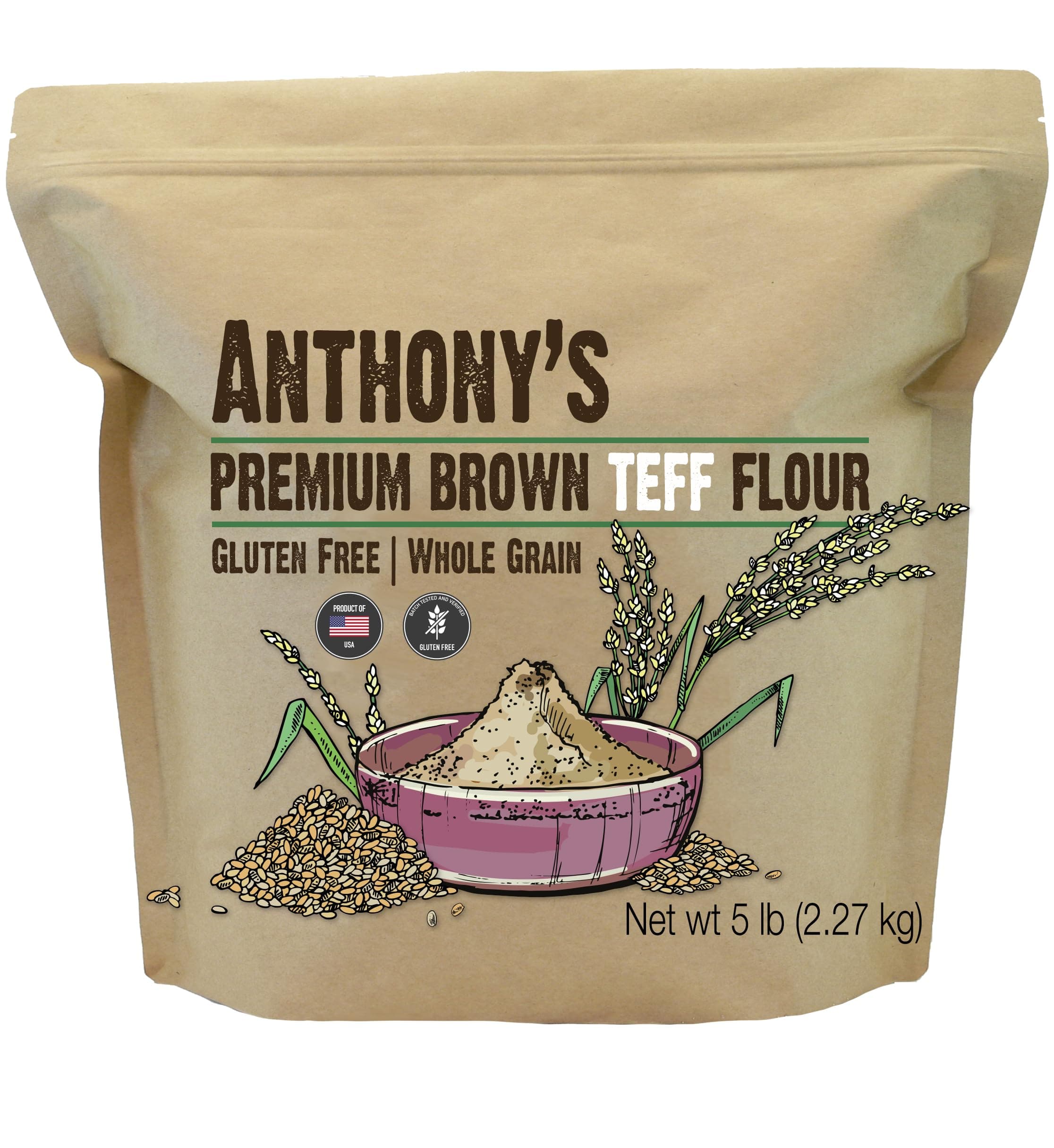 Anthony's Brown Teff Flour, 5 lb, Gluten Free, Non GMO, Vegan