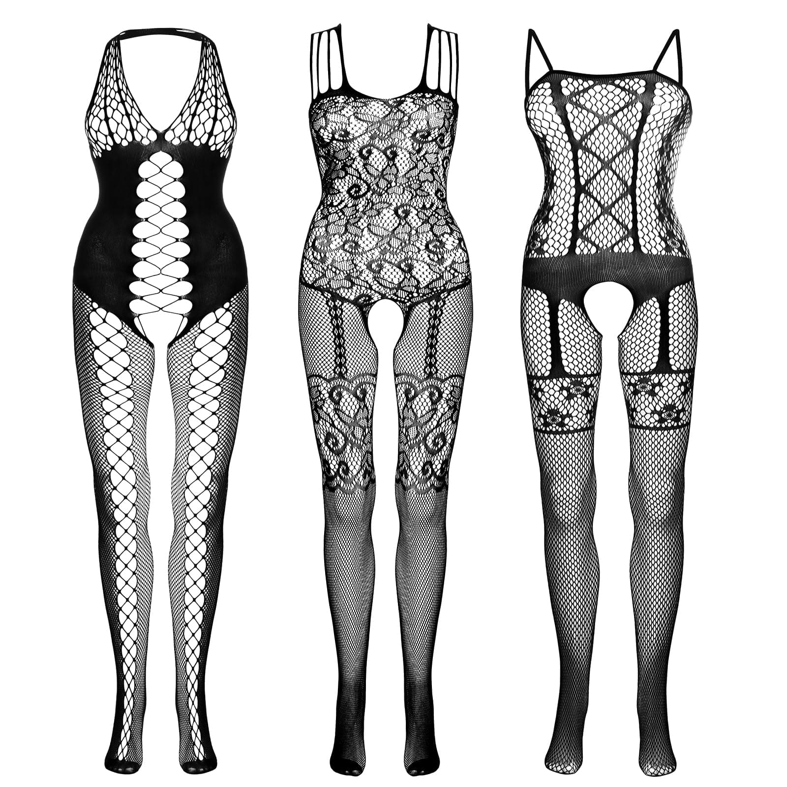 Fengek 3 Packs Women Fishnet Bodysuits, Stockings Sleepwear Lingerie for Couple Dating Nightwear, Black
