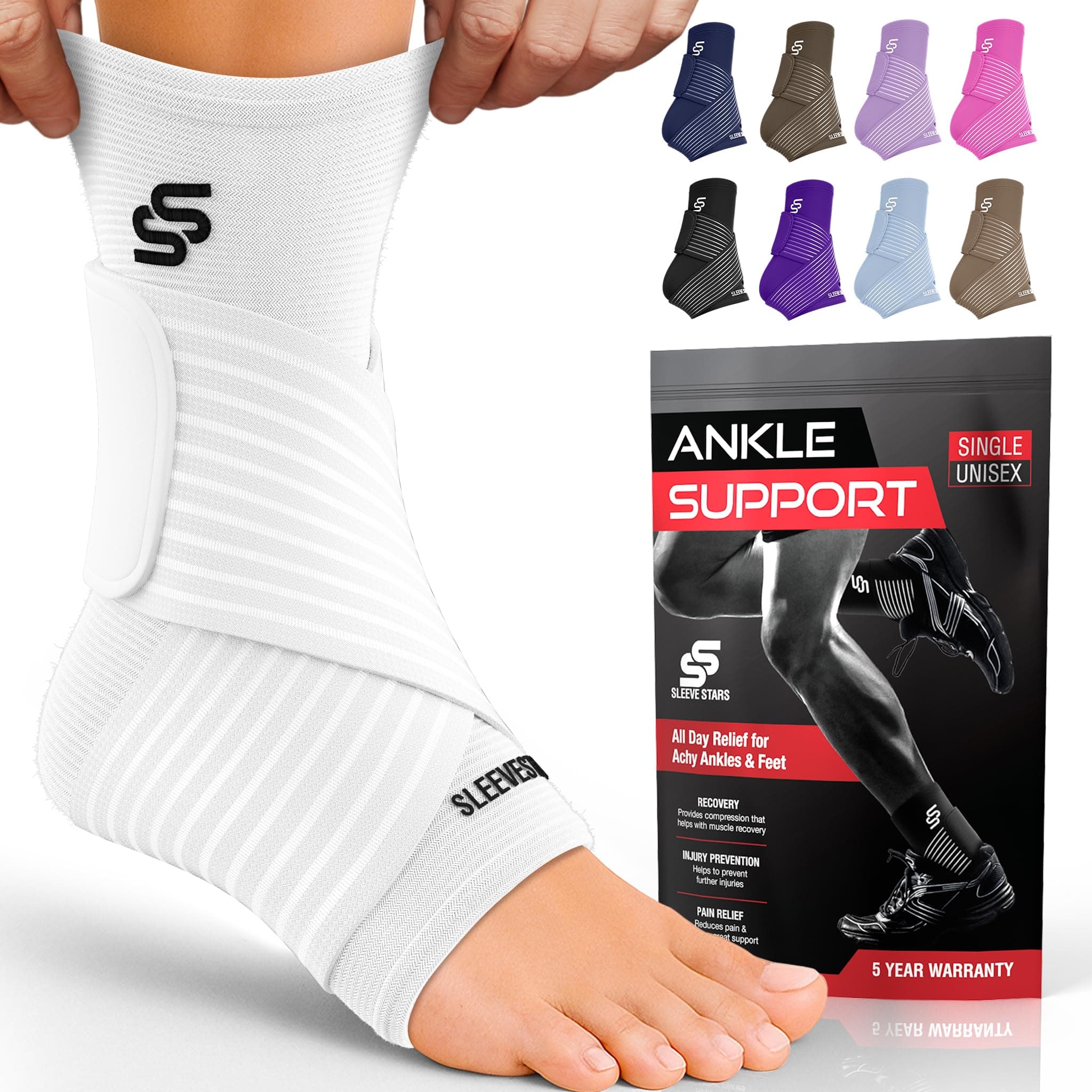 Sleeve Stars Ankle Brace for Women & Men, Ankle Wrap for Sprained Ankle, Compression Sleeve for Plantar Fasciitis Relief, Easy Customizable Support: w/Removable Strap (Single/M:10"-12"/White)