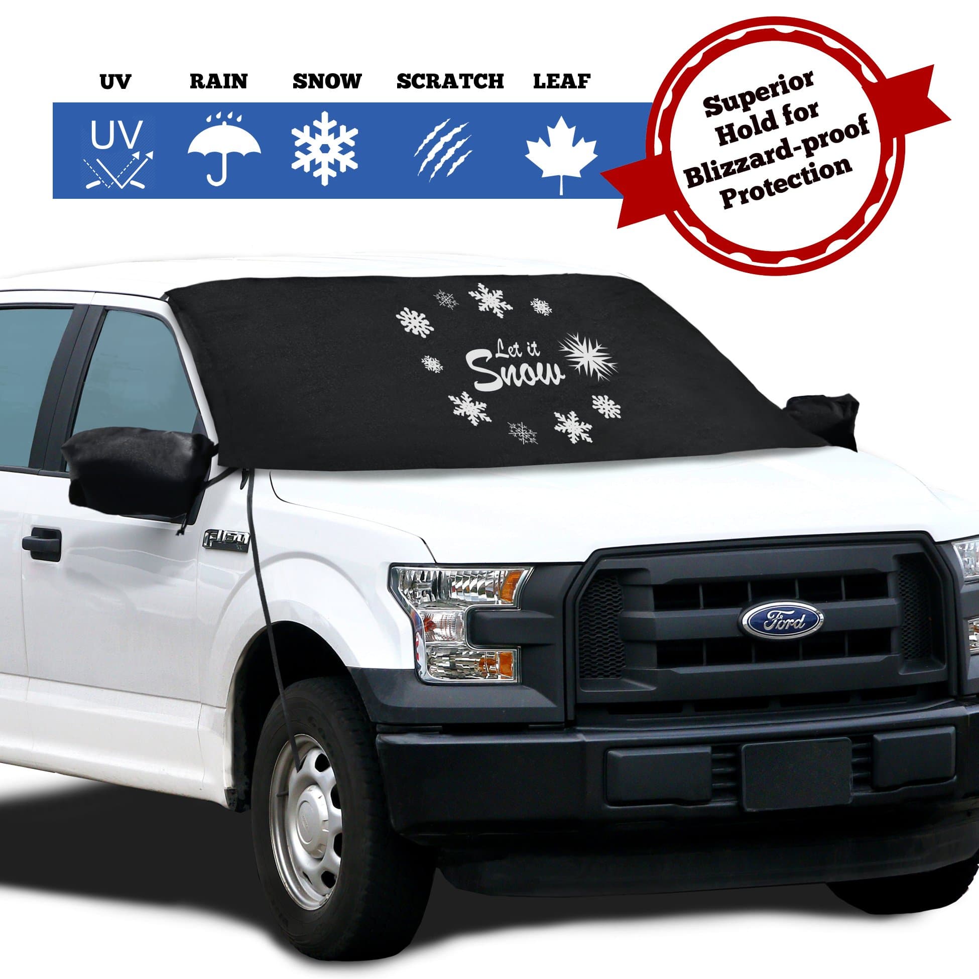 Windshield Cover for Ice and Snow - Fits Most Cars, Trucks, Minivans, SUVs and F150s - Weatherproof and Windproof with Ear Flaps, Adjustable Suction Cups, Strings and Mirror Covers (41X71)