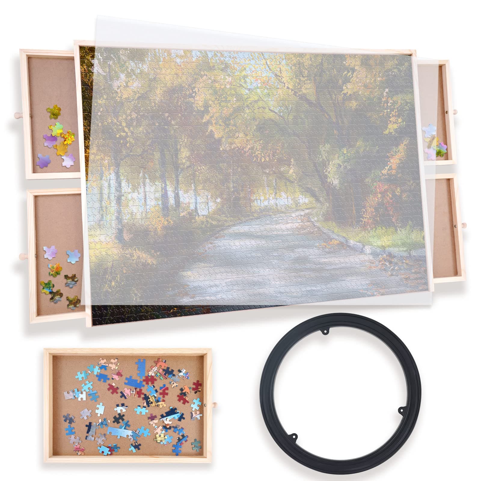 WOOD CITY Puzzle Board, 1000 Piece Wooden Jigsaw Puzzle Board with Drawers, 30” x 22” Portable Puzzle Table with Covers and Lazy Susan, Rotating Jigsaw Puzzle Table for Kids and Adults