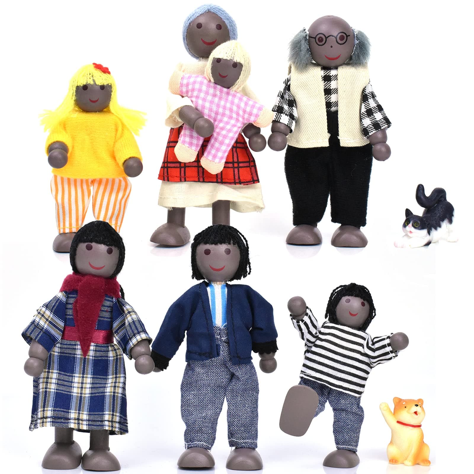 Wooden Dollhouse People of 7 Pcs Family Figures with 2 Pets (Dog and Cat) for Girls Toddler Kids Dollhouse Accessories Toy