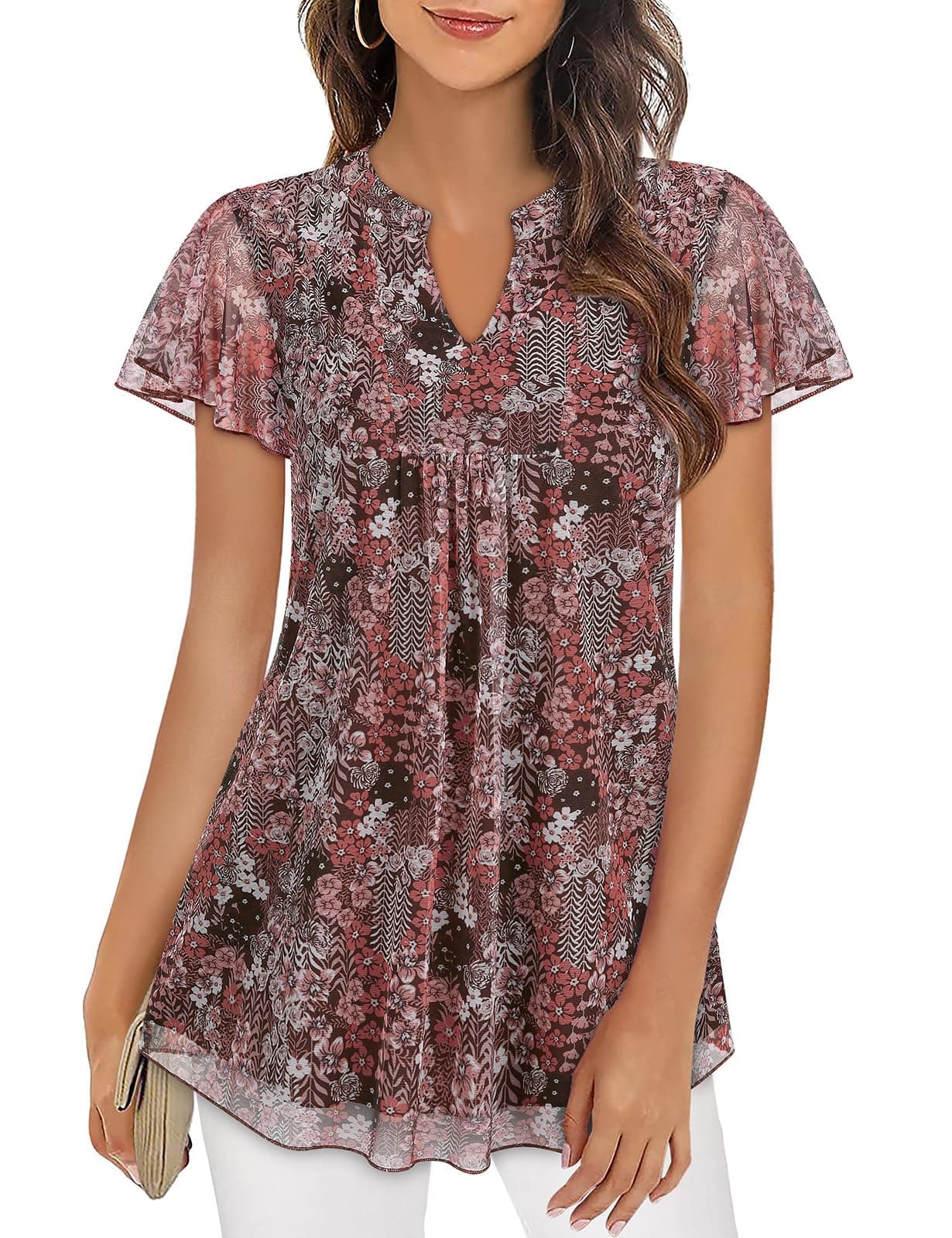SyphibyFlutter Sleeve Tops for Women Dressy Casual V Neck Layered Chiffon Blouses Floral Mesh Shirts Wedding Guest Dresses Party Beach Flowy Tunics M-3XL