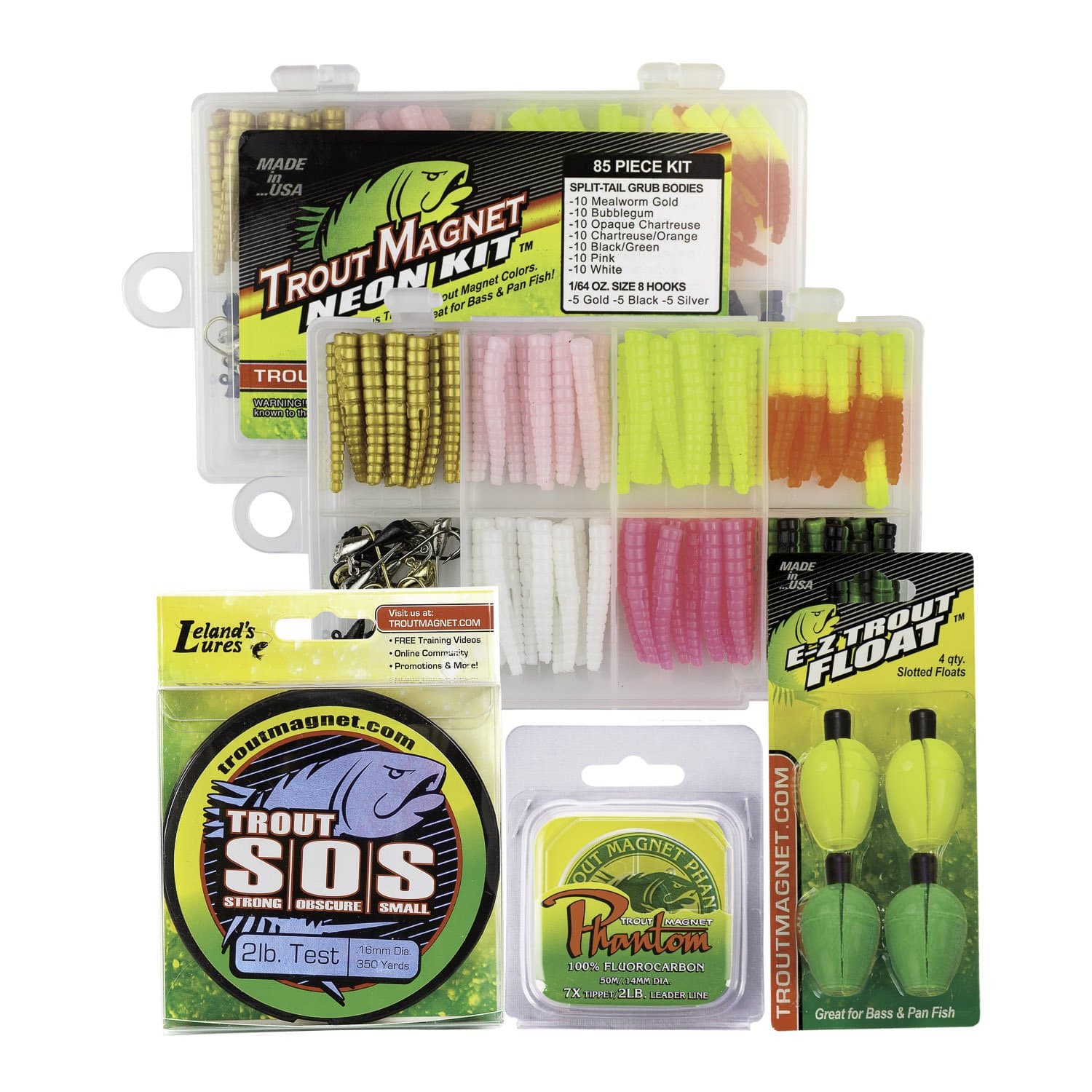 Trout Magnet Ultimate Bundle - 85 Piece Neon Grub Kit, 350 yd Trout S.O.S. Spool, 100% Fluorocarbon Phantom Leader Line, and 4 E-Z Trout Floats