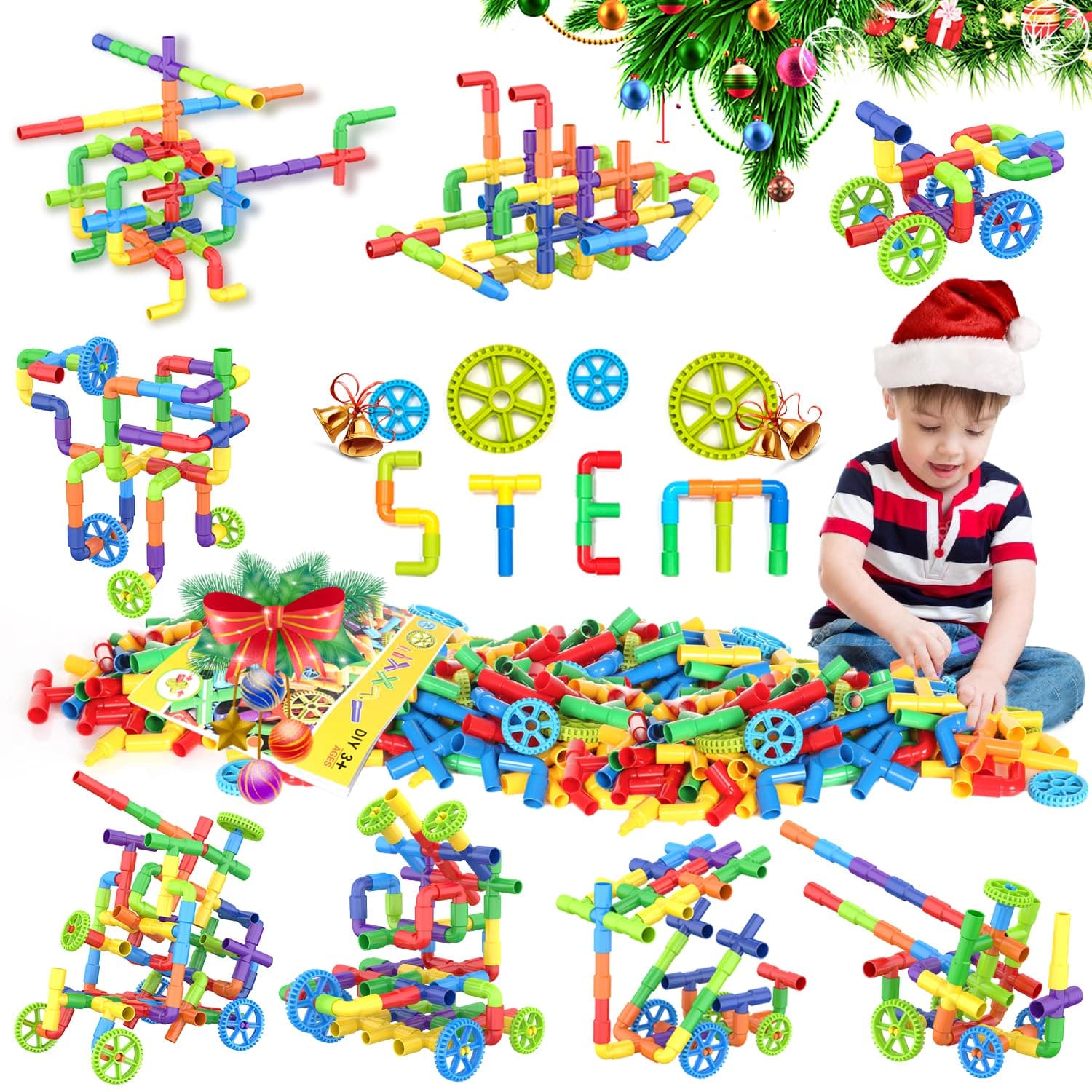 WishaLifeToy Pipe, Tube Locks Set 250 Pcs Tubular Spout Construction Building Blocks Set Educational Building Toy with Wheels and Parts with Storage Box for Kids, Boys and Girls