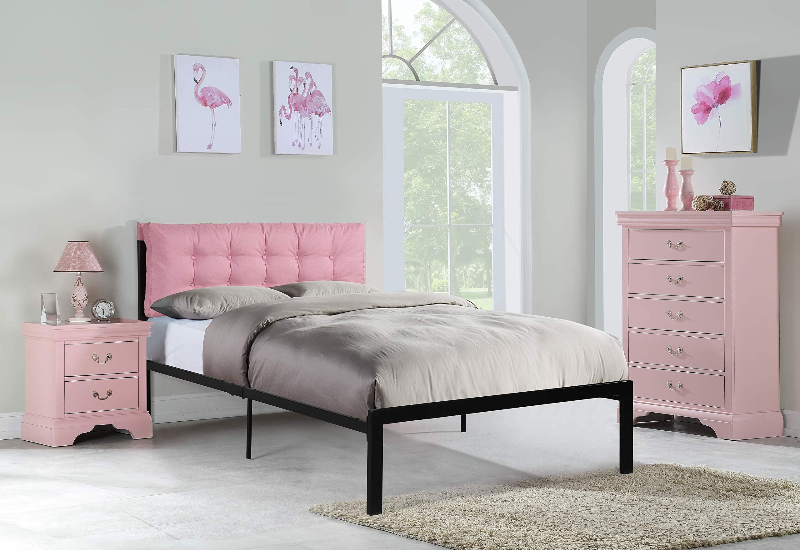 Infini Furnishings Kid Metal Frame, Polyfiber Tufted Comfy Children Bed with Upholstery Headboard Platform, Full Size, Pink