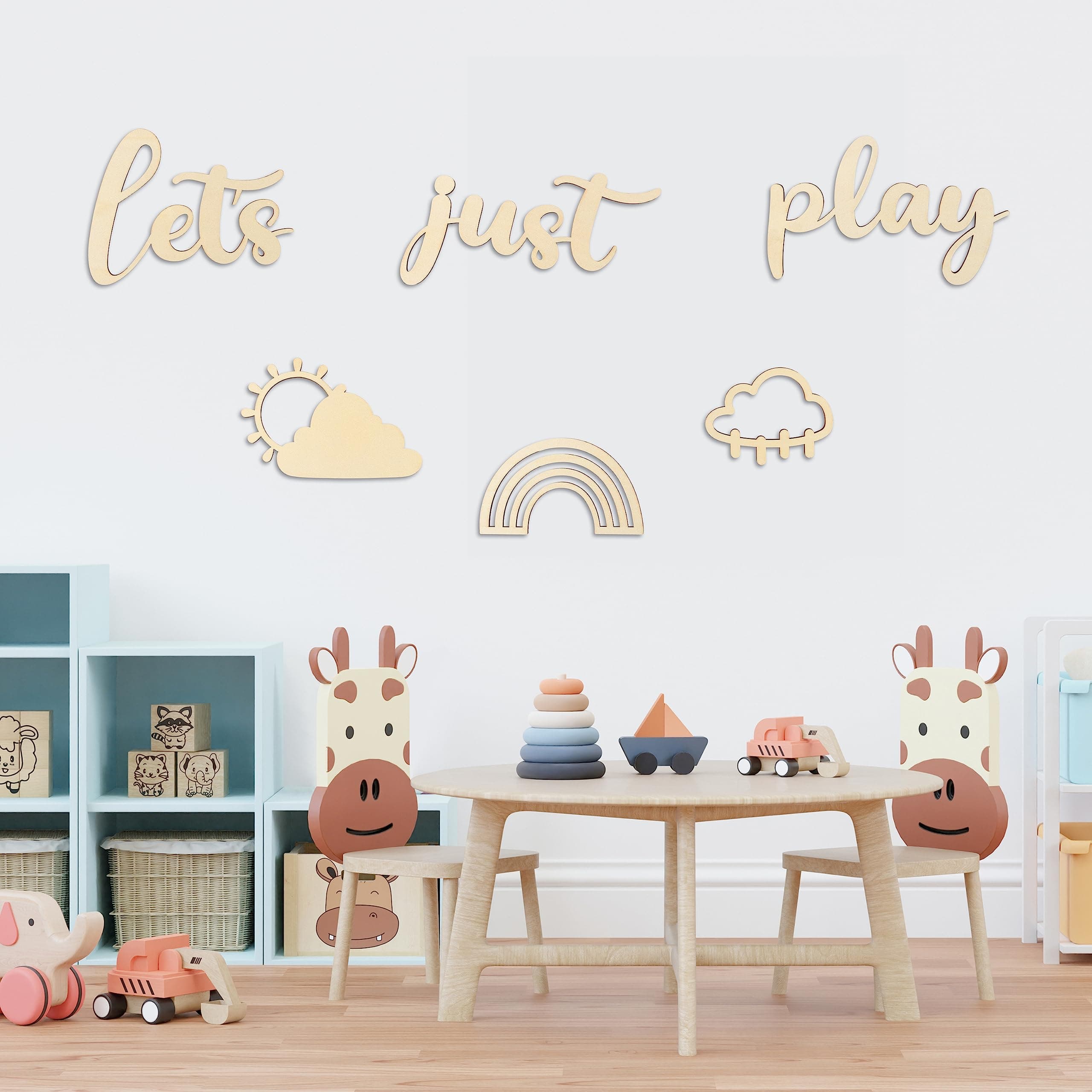 Let's Just Play Walls Decor Set Rainbow Sunshine Wooden Sign Playroom Art Decoration Nursery Wall Plaques for Kids Baby Boys Girls Toy Room Bedroom Classroom Living Room