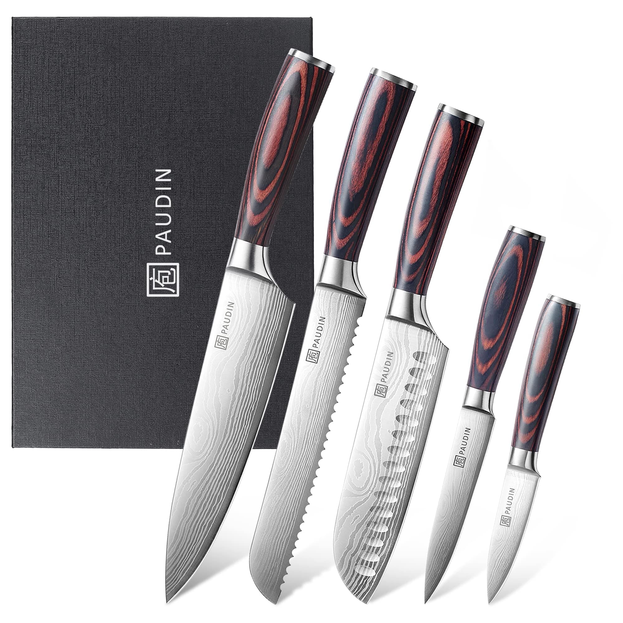 PAUDIN Kitchen Knife Set, High Carbon Stainless Steel Kitchen Knives, 5 Piece Chef Knives Sets with Ergonomic Handle, Japanese Knife Set,Cooking Knives Come with Gift Box