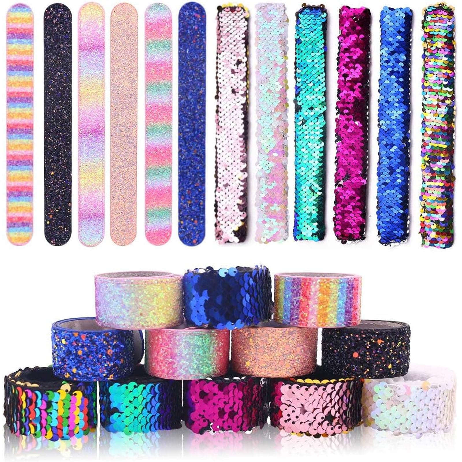VGOODALL 12 PCS Glitter Slap Bracelet for Kids Sequin Mermaid Bracelet Wristband for Birthday Party Favors Supplies