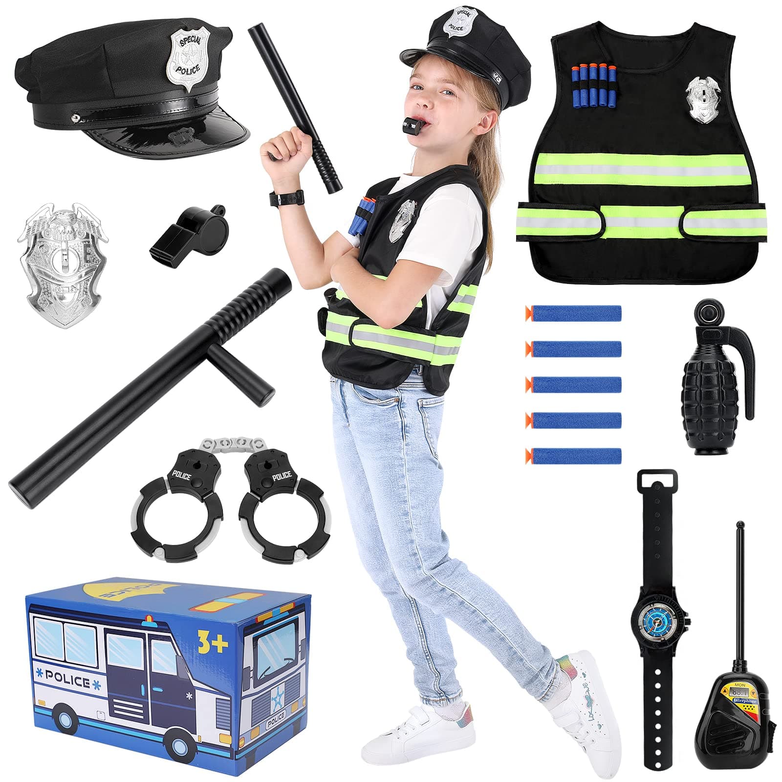Kids Police Dress up Set Police Officer Role Play Costume Toys Set for Kids Ages 3-7 Years Old Includes Police Vest, Hat and Accessories for Boys and Girls Pretend Play