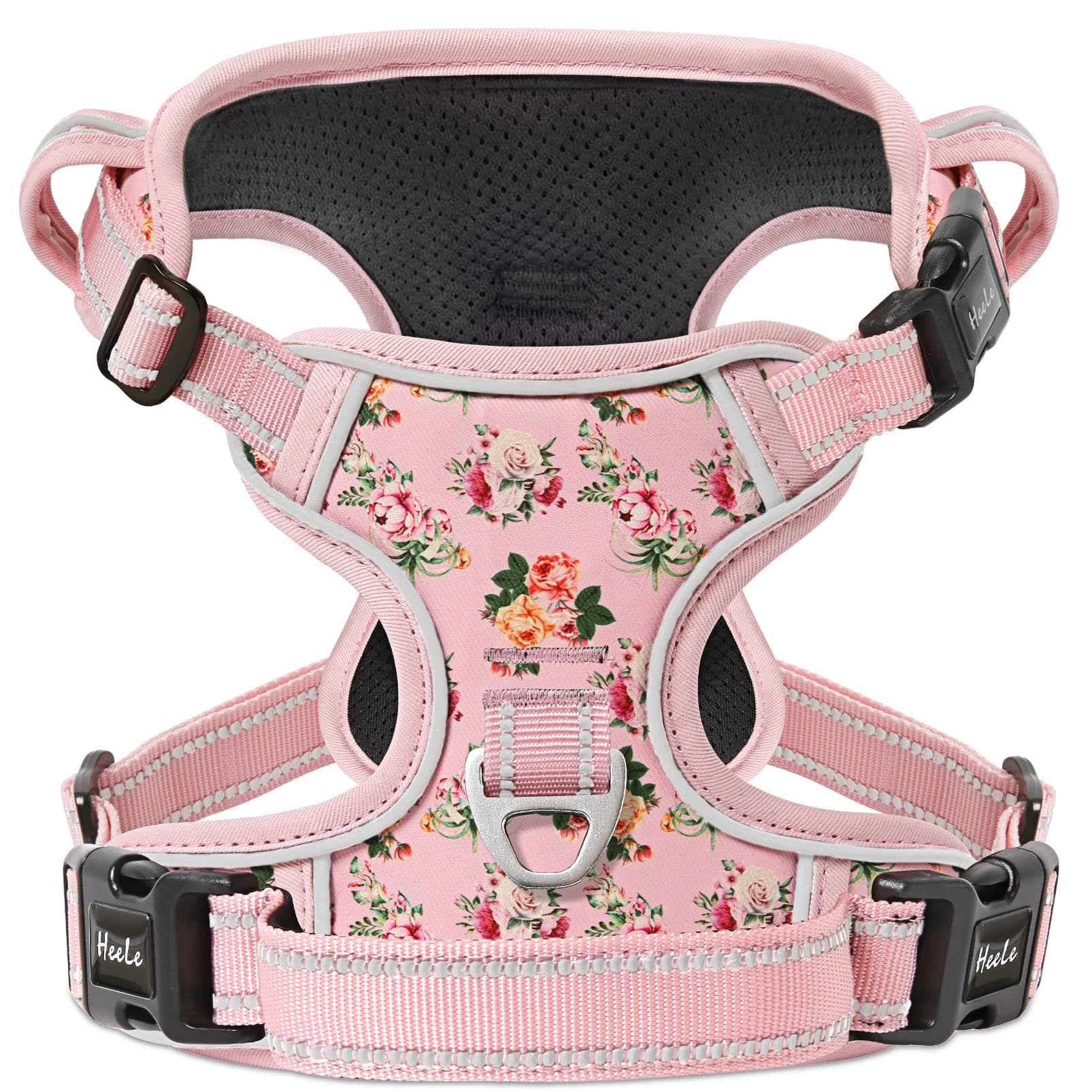 HEELE Dog Harness, Anti-Pull Reflective Dog Harness with Padded Handle for Medium Large Dogs, 1 Buckle on the Right Neck Strap Makes it Easy to Put on and Take Off, Floral-Pink, M