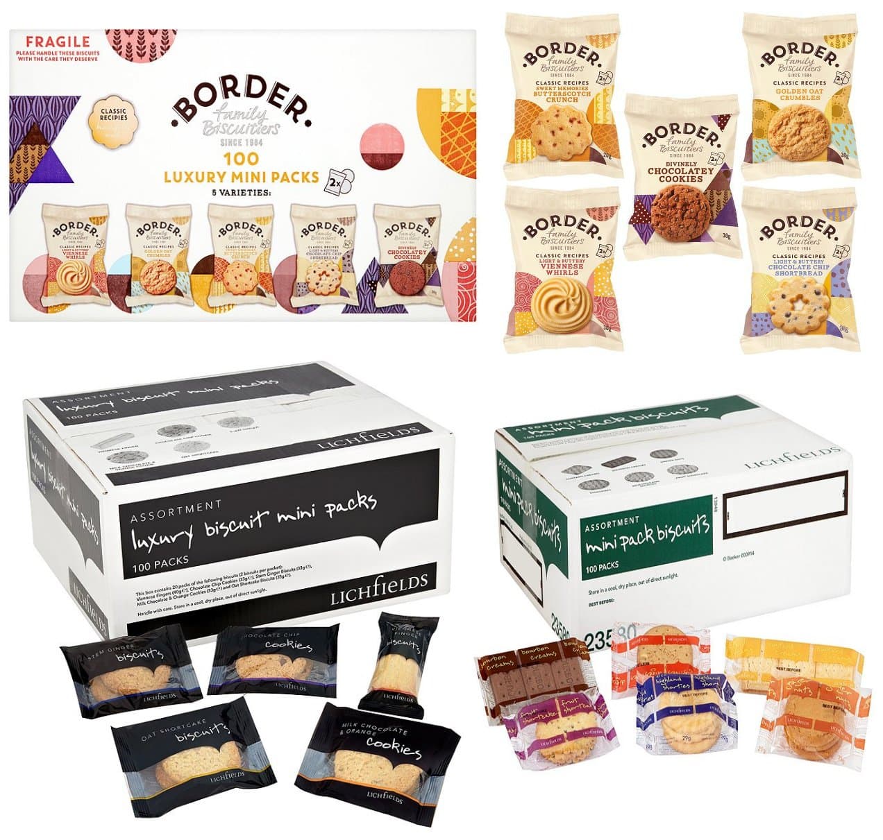 Individually Wrapped Biscuits Including 100 x 2’s Border Luxury Mini Biscuits – 100 Mini Packs of Lichfields Luxury Assorted Biscuits – 100 x Mini Packs Lichfields Assortment Biscuits