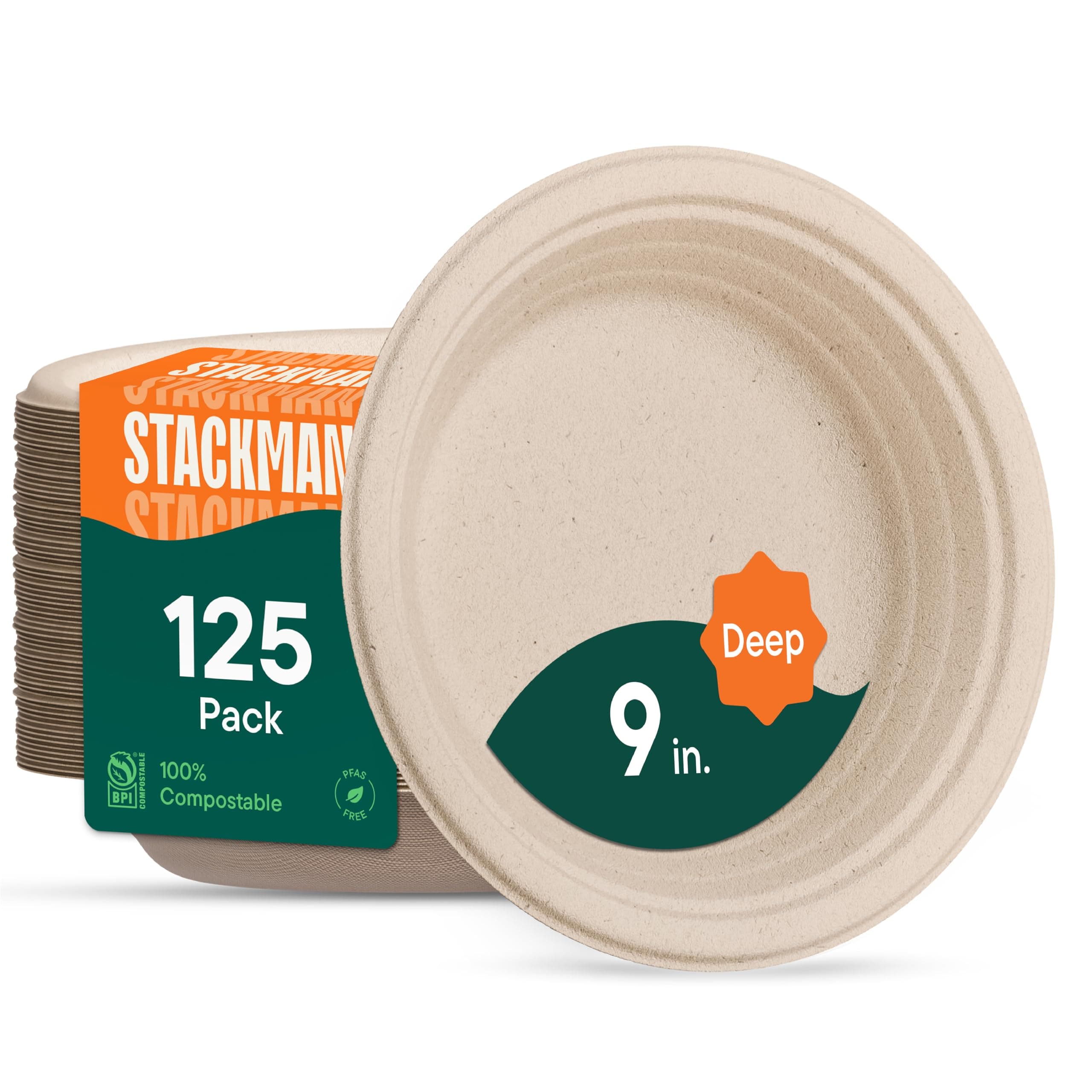 - Deep Dish Paper Plates, Heavy Duty Disposable Dinner Plates [125-Pack] 9 Inch Plates - 100% Compostable Eco-Friendly, Biodegradable Sugarcane Bagasse, Natural Brown 9" Paper Plate Disposable