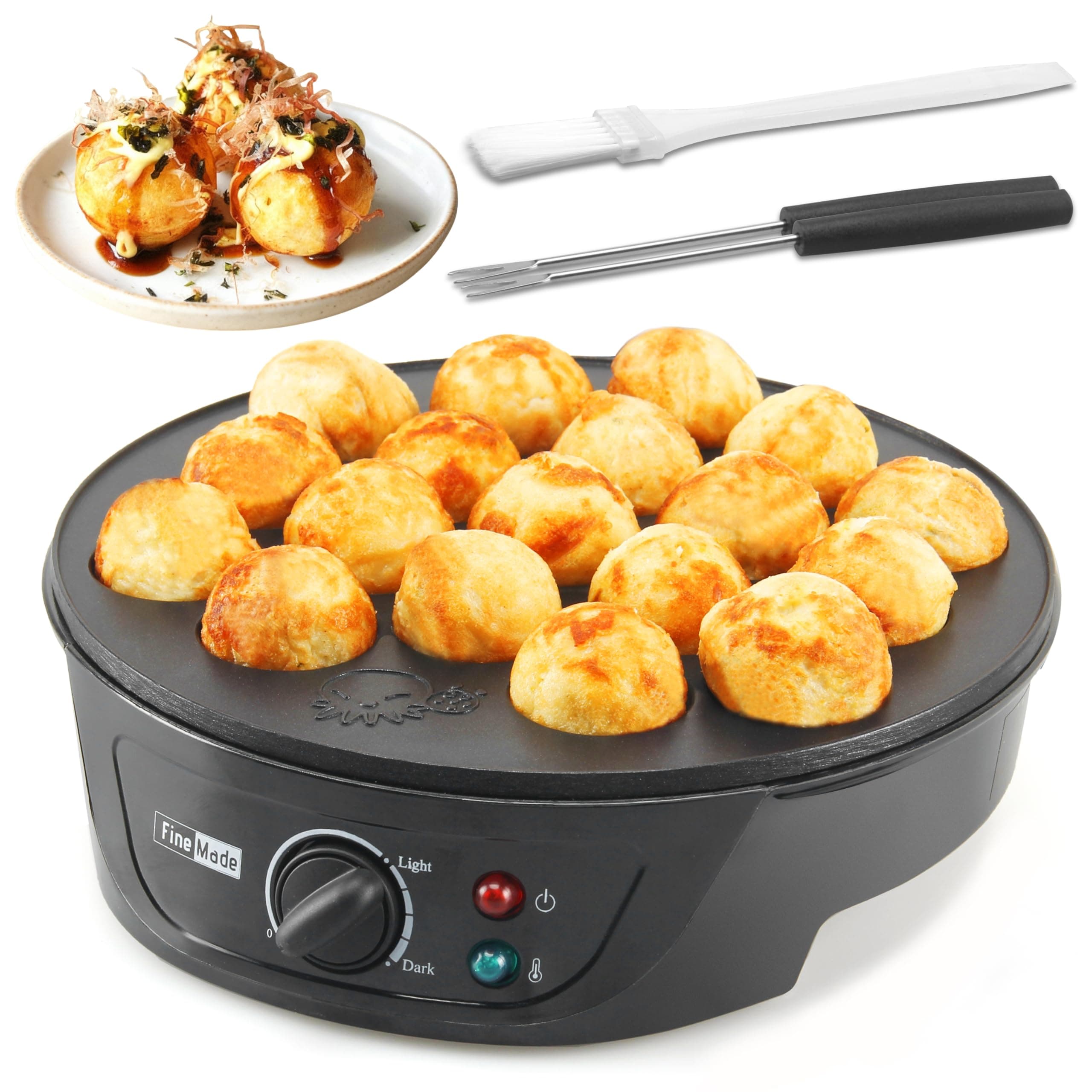 FineMade Takoyaki Maker Pan with Temperature Control, Tools and Recipes, Make 18 Japanese Octopus Balls at once, Easy to Use and Store