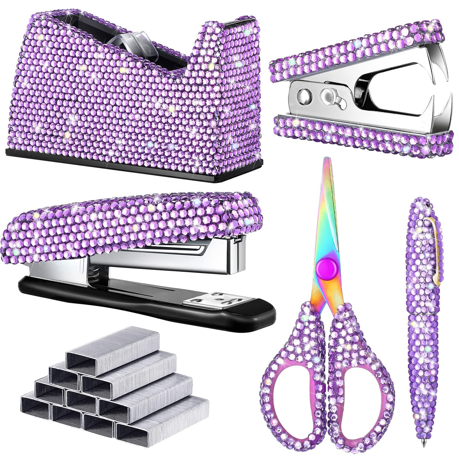 Yunlly 6 Pack Bling Office Stationery Set Desk Accessory Office Set Includes Pen Scissor Stapler Staple Remover 1000 Pcs Staples Tape Dispenser with Diamond Inlay for Home Desk(Purple)