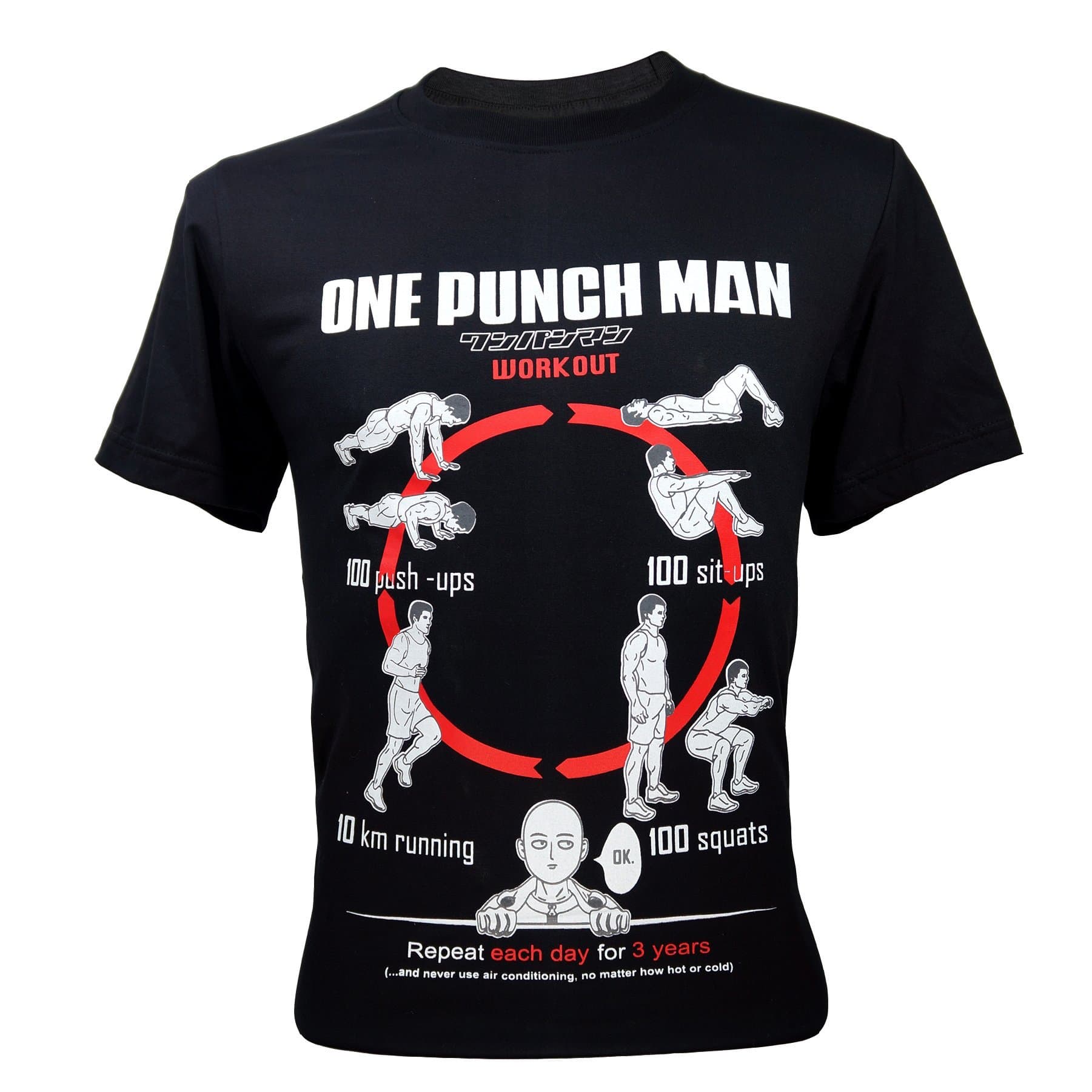Men's One Punch Man Saitama Workout Training To Be Bald Funny T-Shirt Black Medium