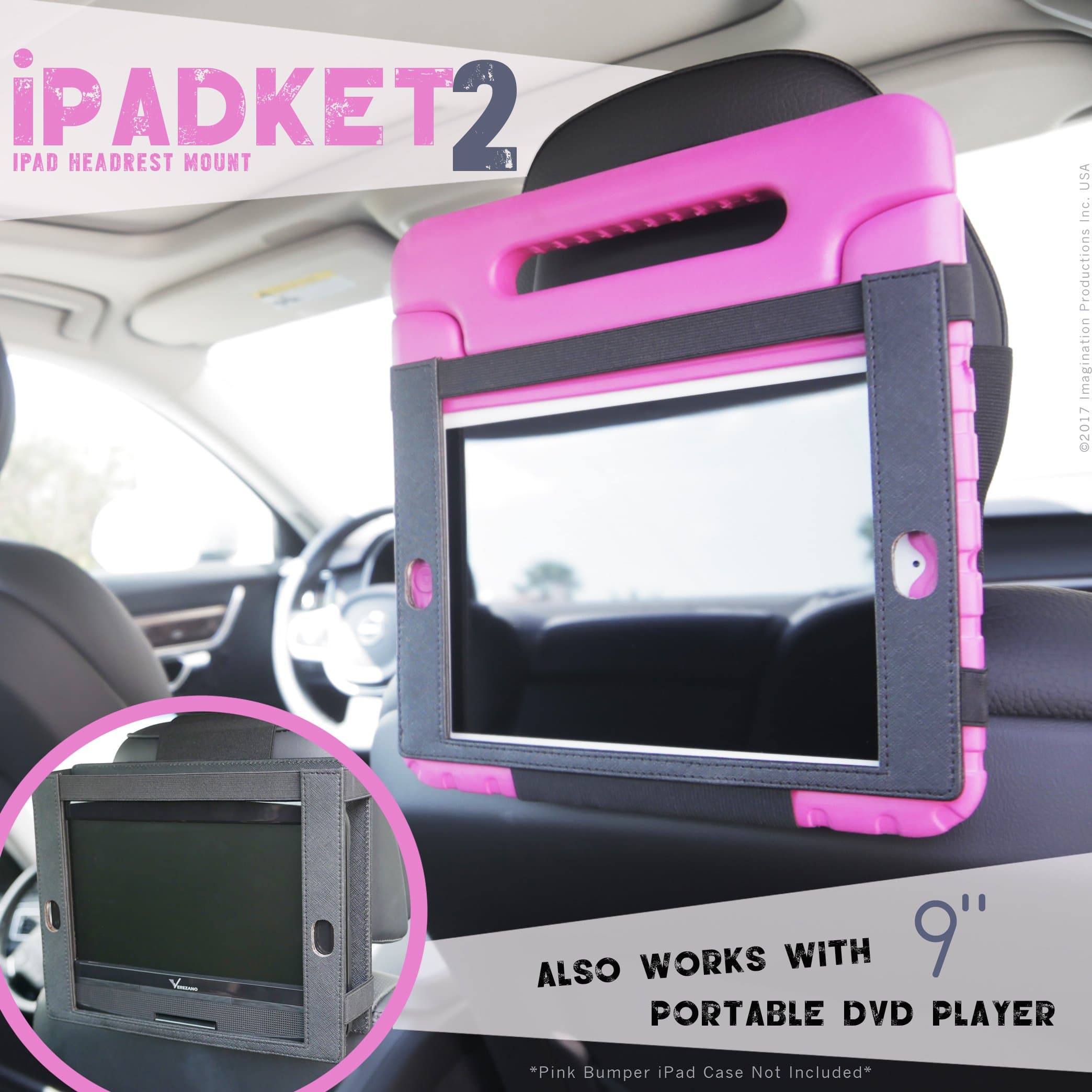 iPADKET2 PREMIUM CAR HEADREST MOUNT for iPad or 9" swivel & flip DVD player Works on Automobile or Airplane Tray Table WITH or WITHOUT case for all iPad models (not 12.9") iPad Pro & Air iPADKET 2
