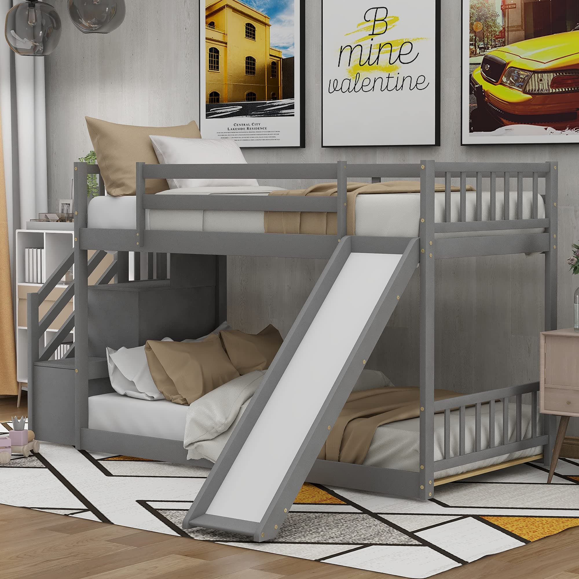 SOFTSEA Twin Over Twin Bunk Bed with Slide & Staircase, Wood Low Bunk Bed with Safety Guardrails & Storage, No Box Spring Needed, Gray