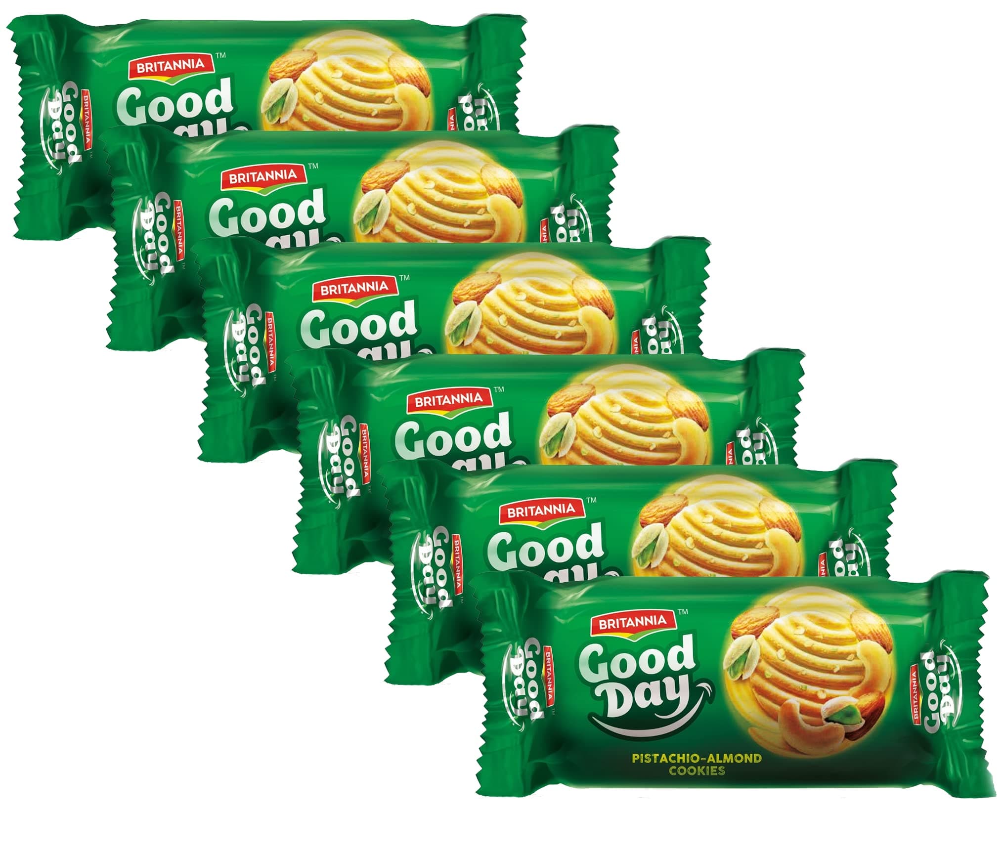 Britannia Good Day Pistachio/Almond Cookies 2.6oz (75g) - Breakfast & Tea Time Snacks - Delicious Grocery Cookies (Pack of 6)