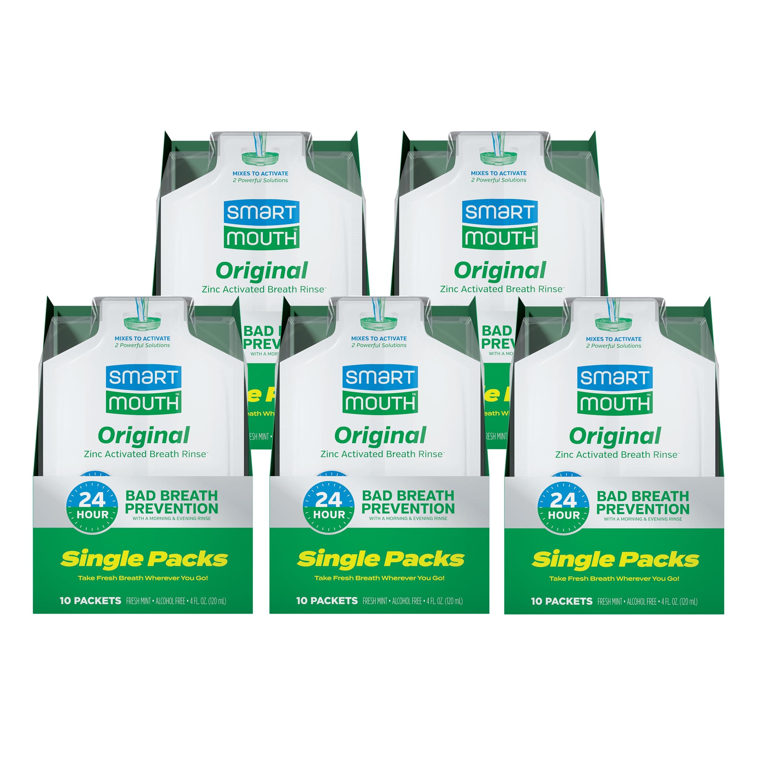 Mouthwash Travel Packets for 24 Hours of Fresh Breath Guaranteed, 5 Boxes, 10 Packs Each