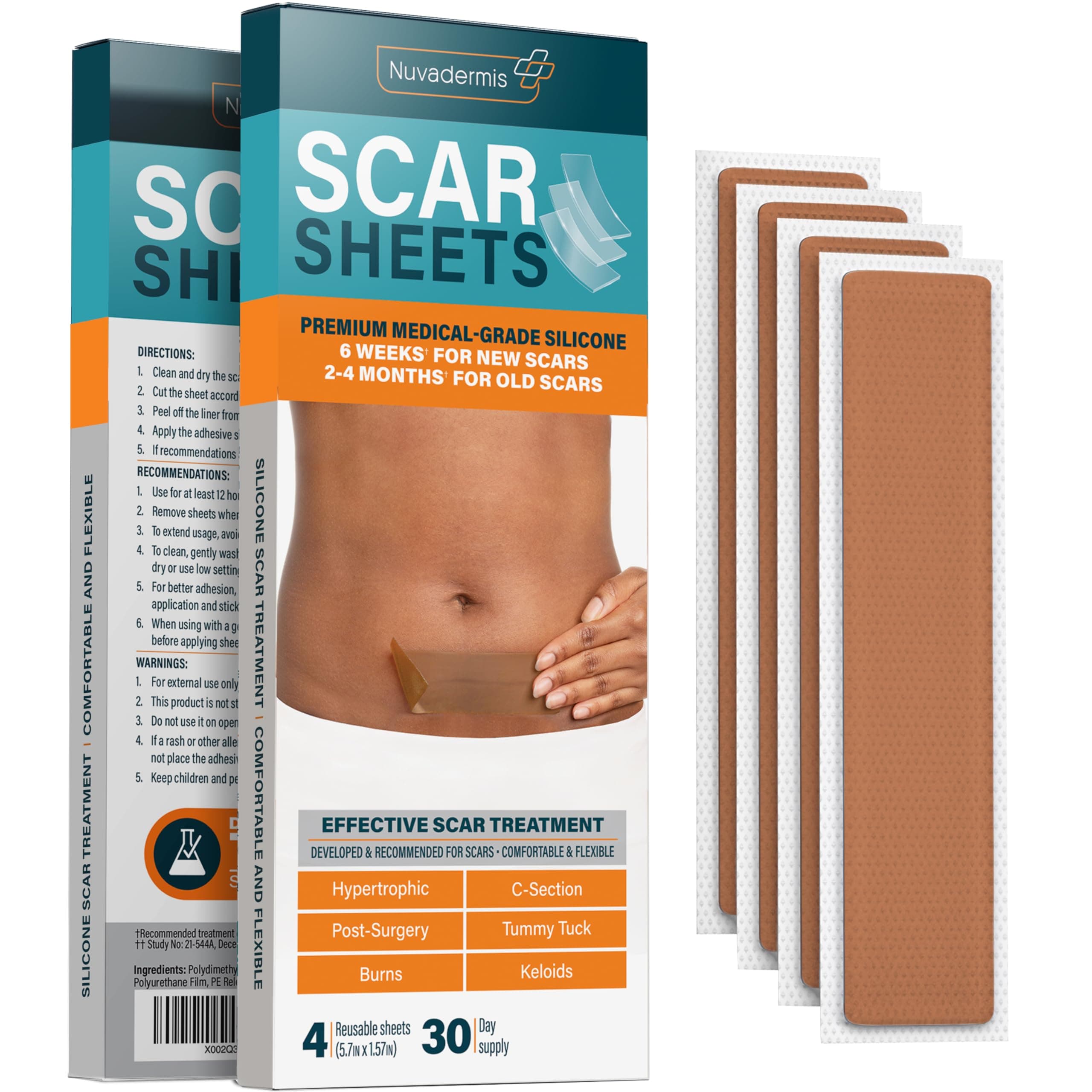 Silicone Scar Sheets – Extra Long Medical-Grade Scar Sheets for C-Section, Tummy Tuck, Keloid, and Surgical Scars – Reusable and Effective – Pack of 4 – Medium Tone