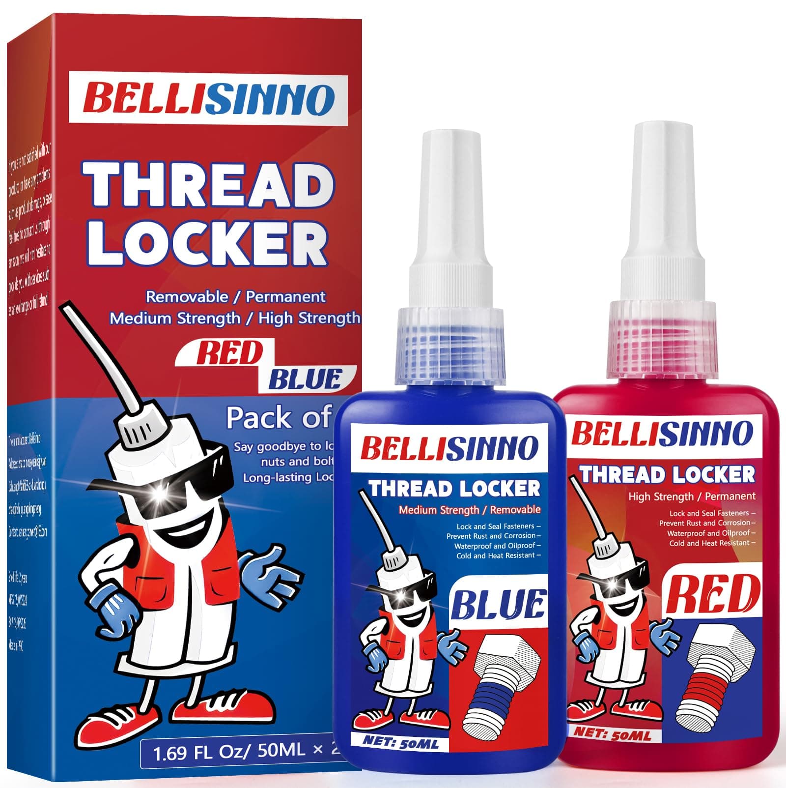 Thread Lock Blue and Red, Medium and Strong Strength Threadlocker, Thread Locker for Nuts, Bolts, Fasteners and Metals, Anaerobic Curing Screw Glue to Prevent Loosening (Blue and Red)