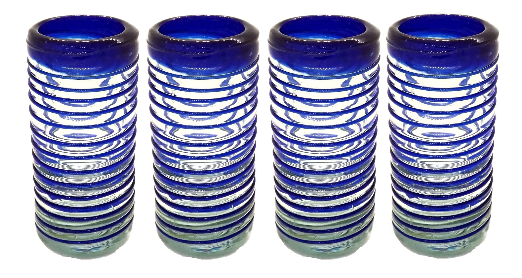 ECONIA - Authentic Mexican Tequila Shot Glasses - Tequila Set of shot glasses - 4 pcs - 2 Oz - Mexican Hand Blown Shot Glass (Cobalt Blue Spiral)