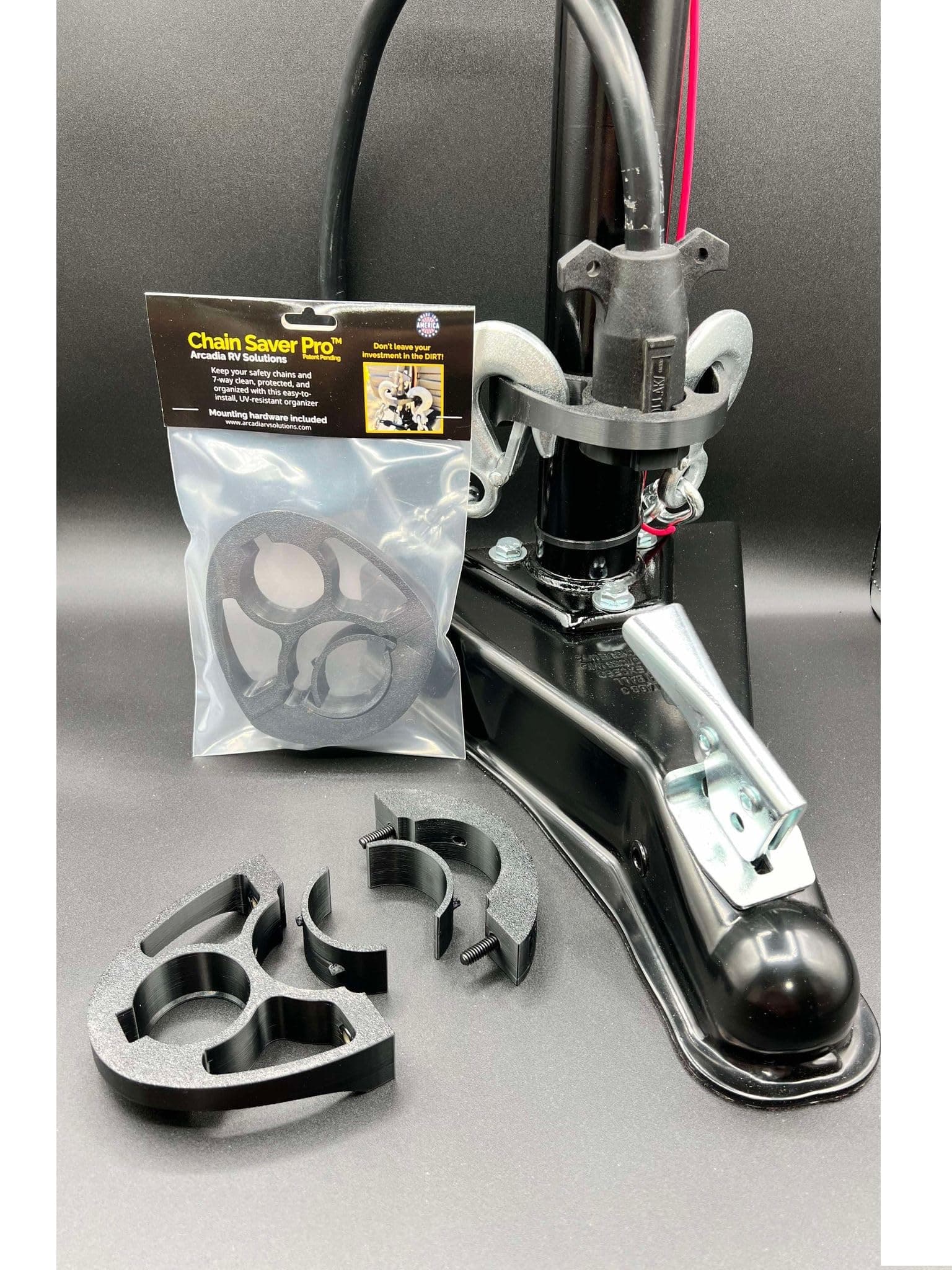 Chain Saver Pro | Towing Organizer for Manual/Electric Tongue Jack 2” & 2 ¼” Trailer Hitch - Easy Install RV Accessories - Side Hooks, Cable & Harness Holder…