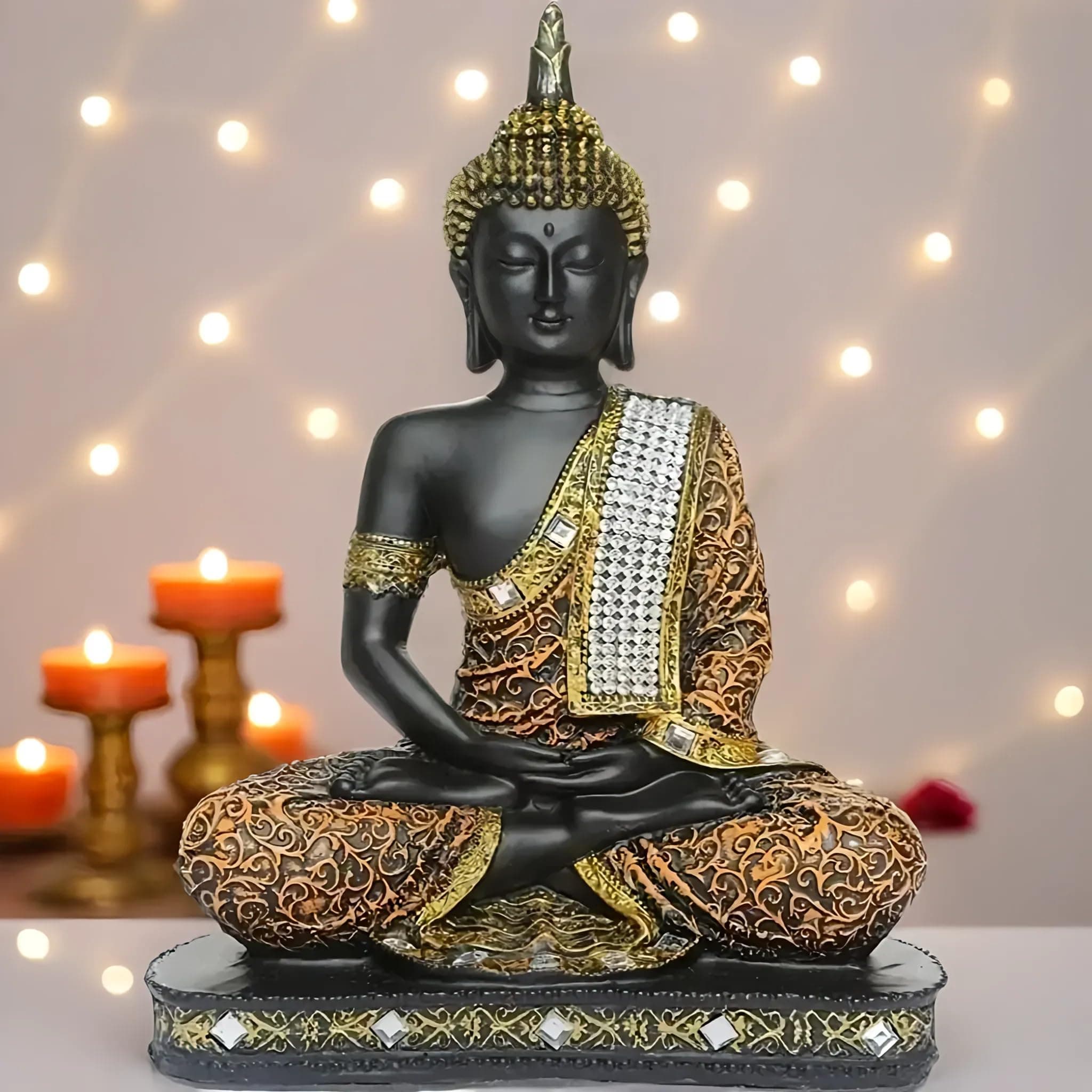 Global Grabbers Sitting Buddha Idol Statue Showpiece Orange and Black