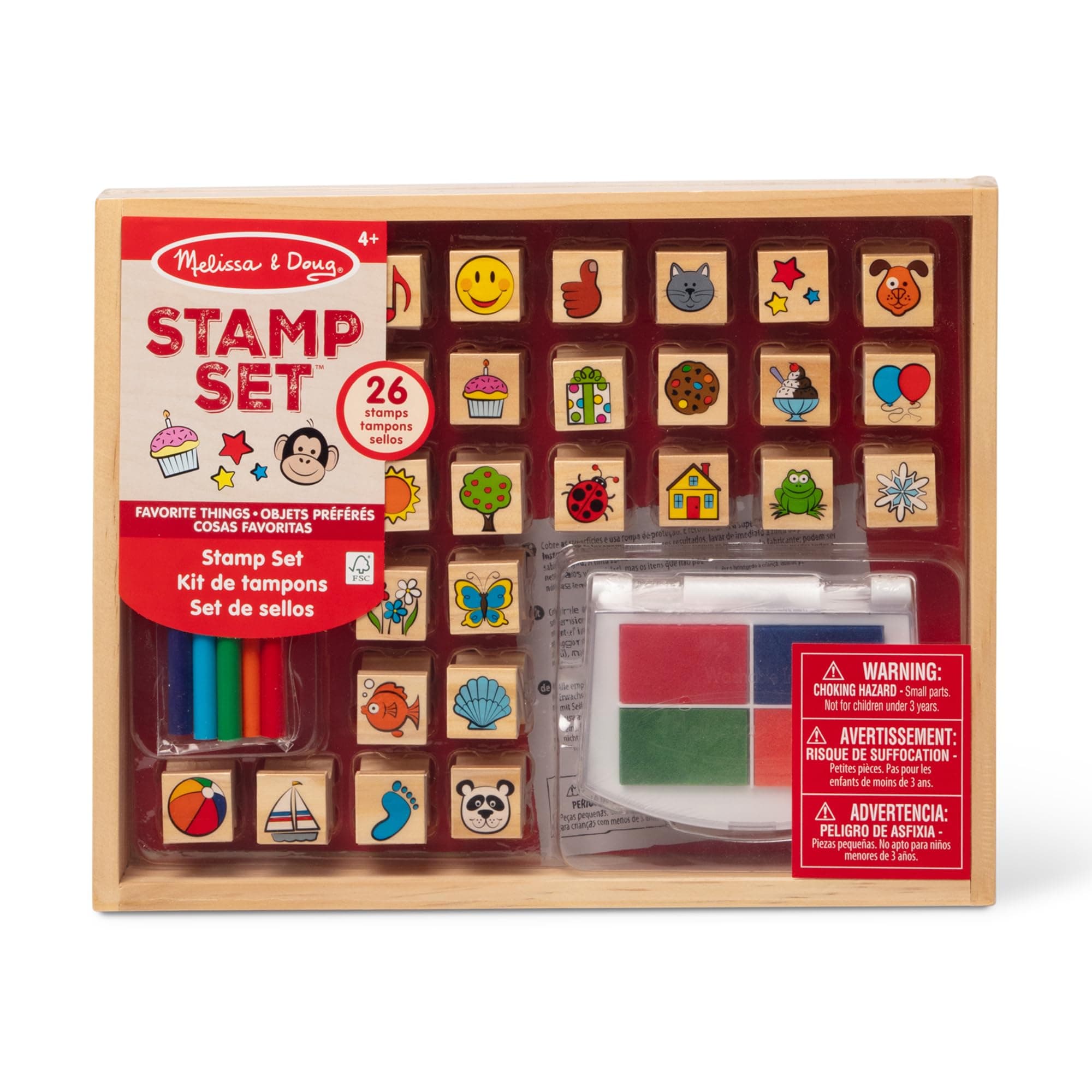 Wooden Stamp Set, Favorite Things - 26 Wooden Stamps, 4-Color Stamp Pad