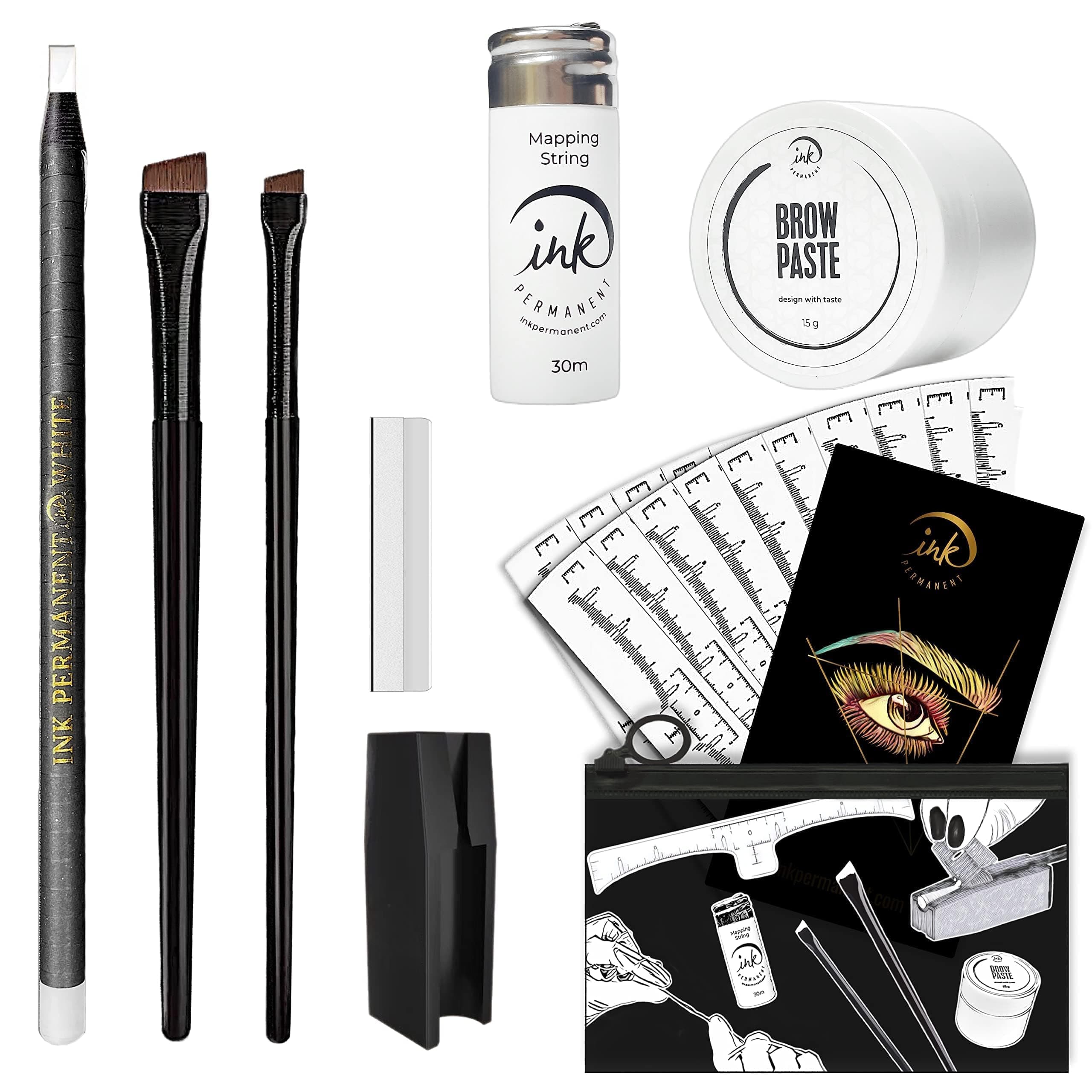 Eyebrow Mapping Kit with 30m White Mapping String, 15g White Brow Paste, 2 Eyebrow Brush Set, Microblading Pencil for Outlining, Pencil Shaper and Blades, 20 Brow Ruler Stencils + Instructions
