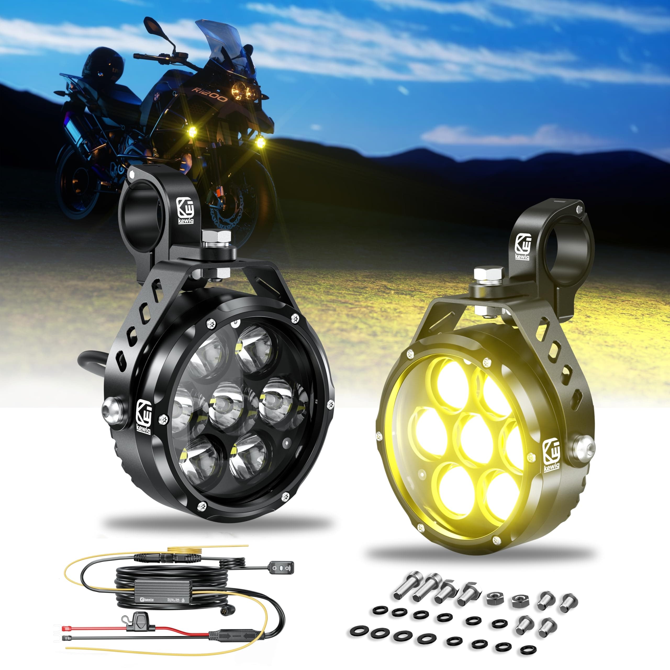 Kewig 4.5 Inch Motorcycle Auxiliary LED Fog Light 90W Amber White Driving Spotlight Kit With Mount Brackets Wire Harness Waterproof Offroad Fit for Motorcycle Jeep Car Truck