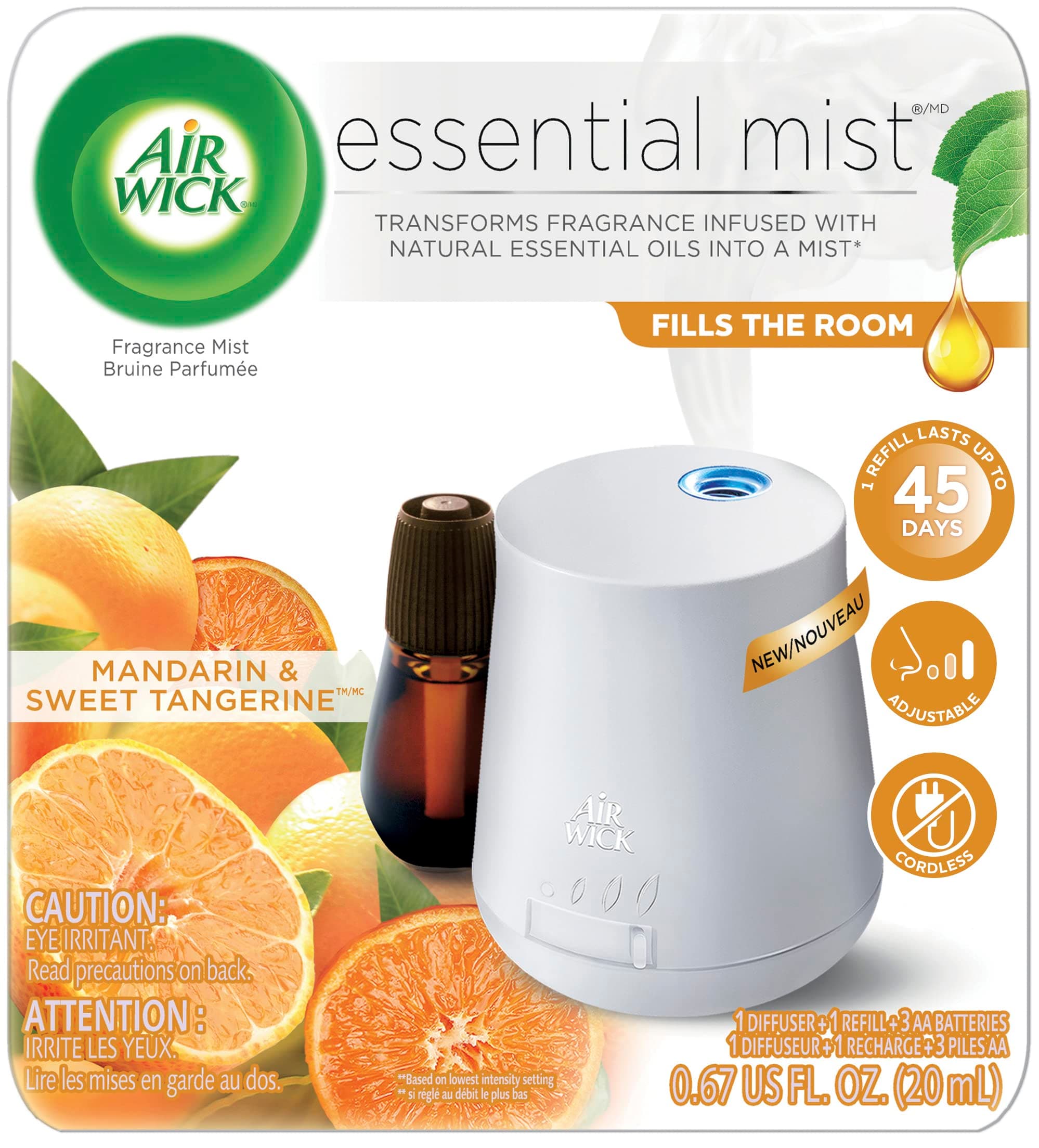 Air Wick Essential Oils Diffuser Mist Starter Kit (Vaporizer for essential oil + 1 Refill), Mandarin & Sweet Tangerine, Air Freshener