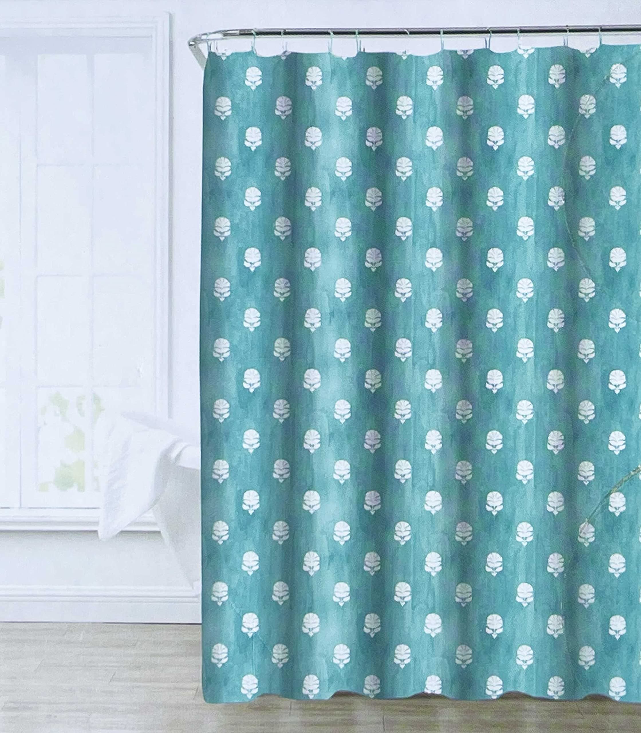 Envogue Designer Shower Curtain Floating Floral Medallions in White on Turquoise Blue 100% Cotton Luxury