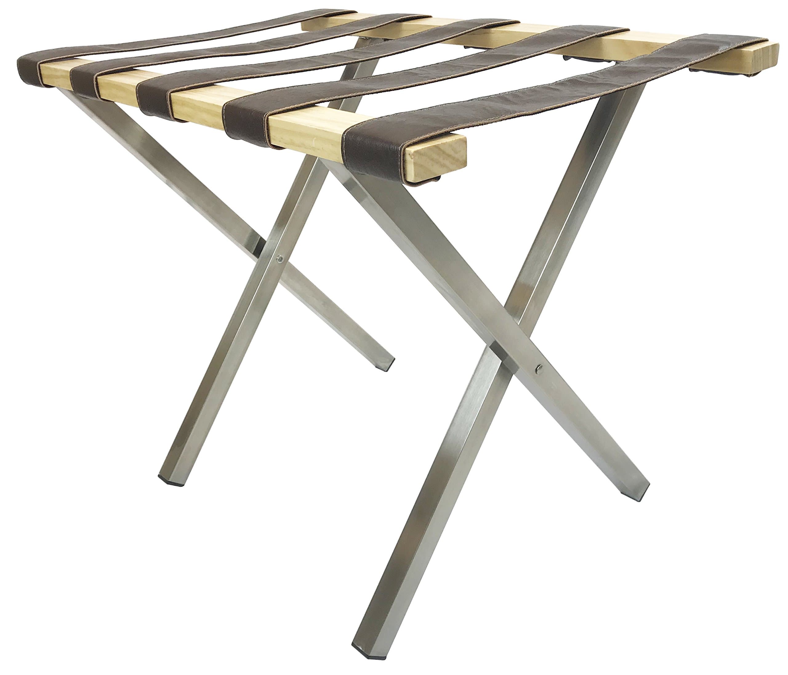 Wholesale Hotel Products MLR_SQ_BSNW_BR Brushed Stainless Steel Combination Luggage Rack, Natural Wooden Top, Brown Leather-Like Straps, Square Tubing