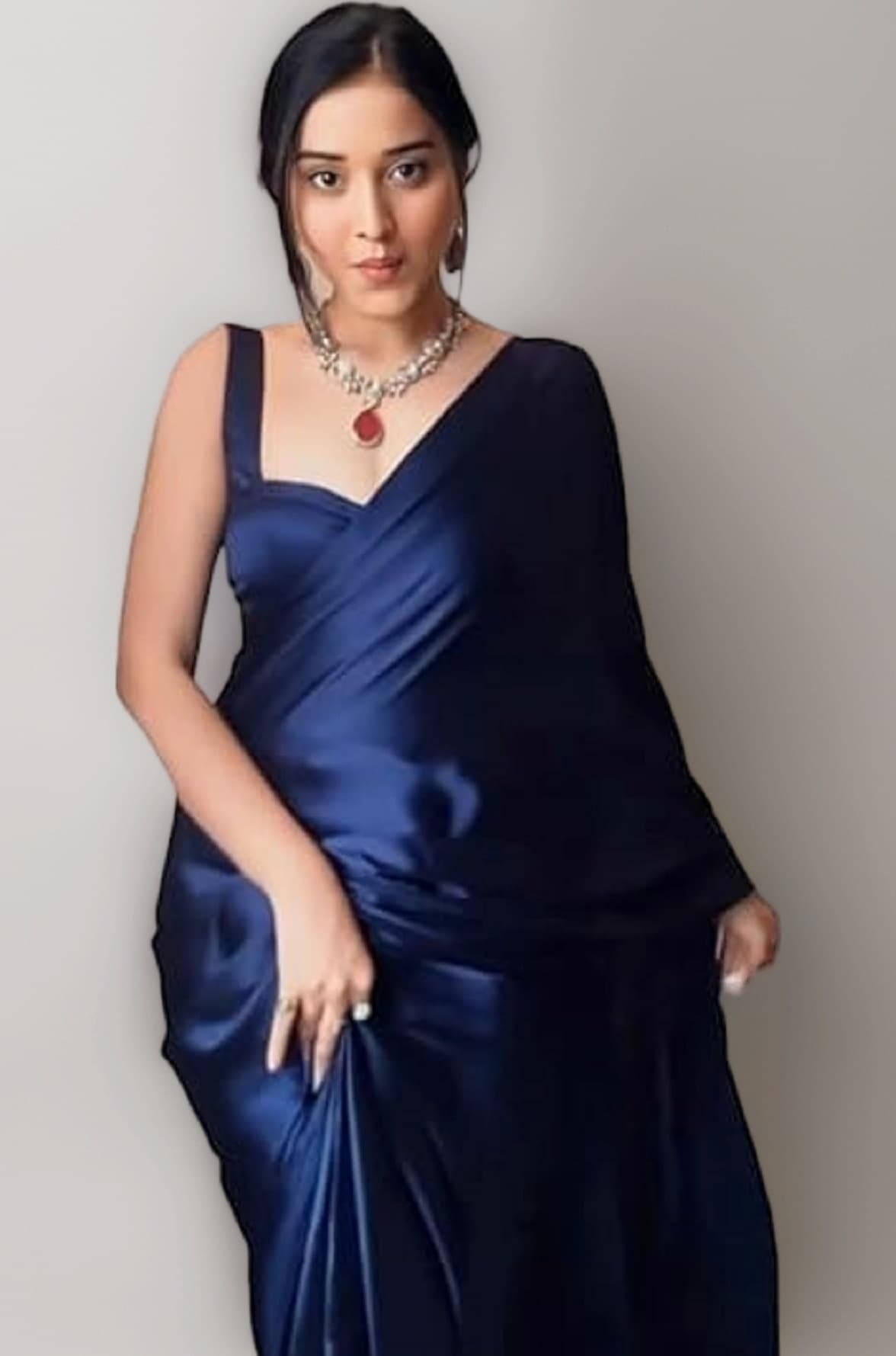 Women Ready to Wear Plain Navy Blue Satin Silk Readymade Pre Pleated Saree With Unstitched Blouse