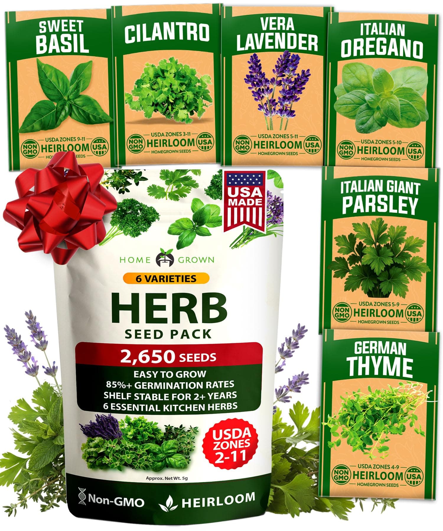 HOME GROWN 6 Herb Seeds for Planting 2,650+ Non-GMO Heirloom Seeds | Extra Large Variety Pack Herb Kit – Indoor Outdoor & Hydroponic | Culinary Seed Set | Grow Your Own Herbs | Gift for Beginners