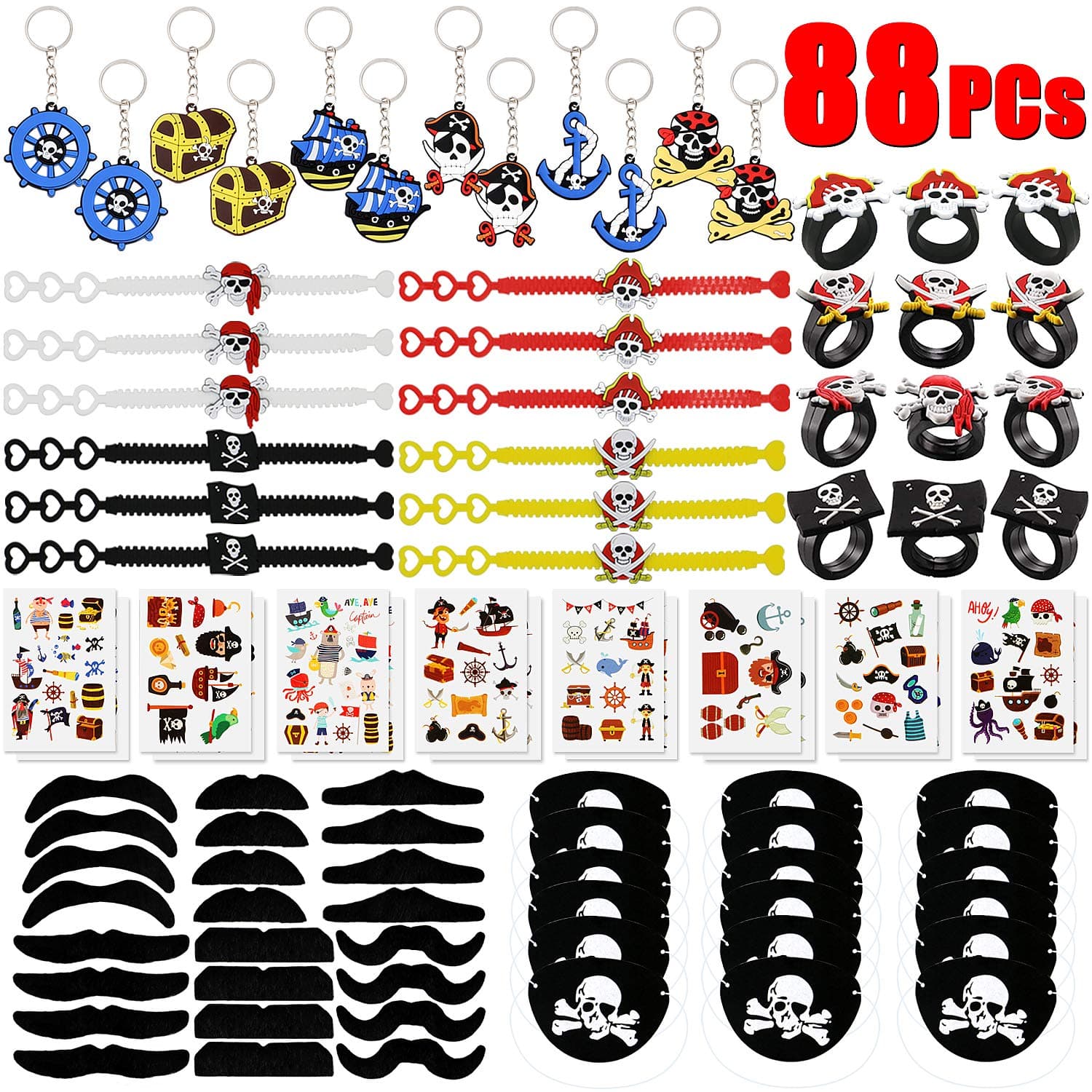 BabyCareV 88 PCs Pirate Party Favors Pirate Keychain Rings Bracelets Pirate Eye Patch Mustache Tattoos Stickers Pirate Party Favors Decoration