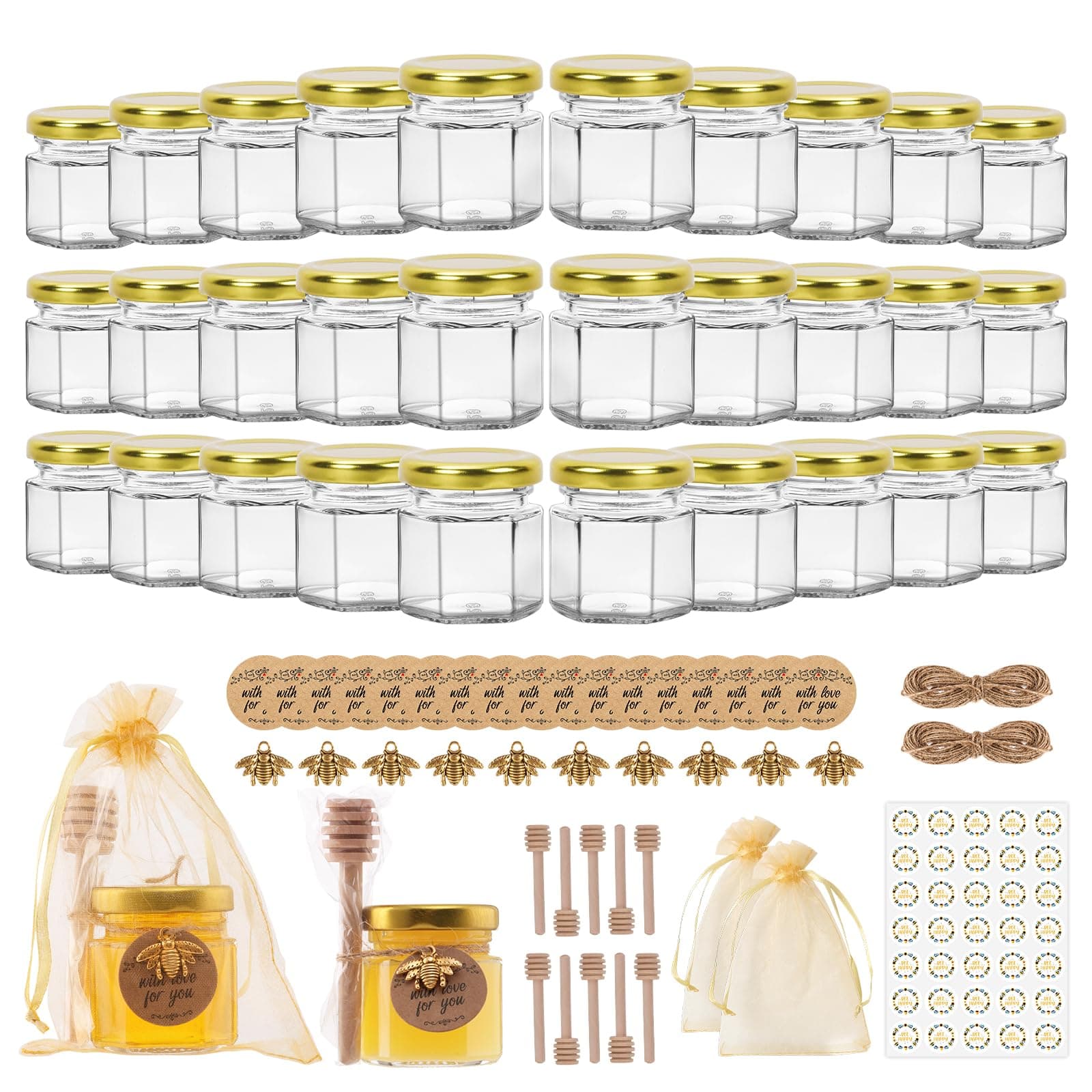 SZUAH 1.5 oz Mini Honey Jars with Dipper 30 Pack, Glass Hexagon Honey Jar for Wedding Favors, Empty Glass Jars for Party Favor (45ml, Set of 30)