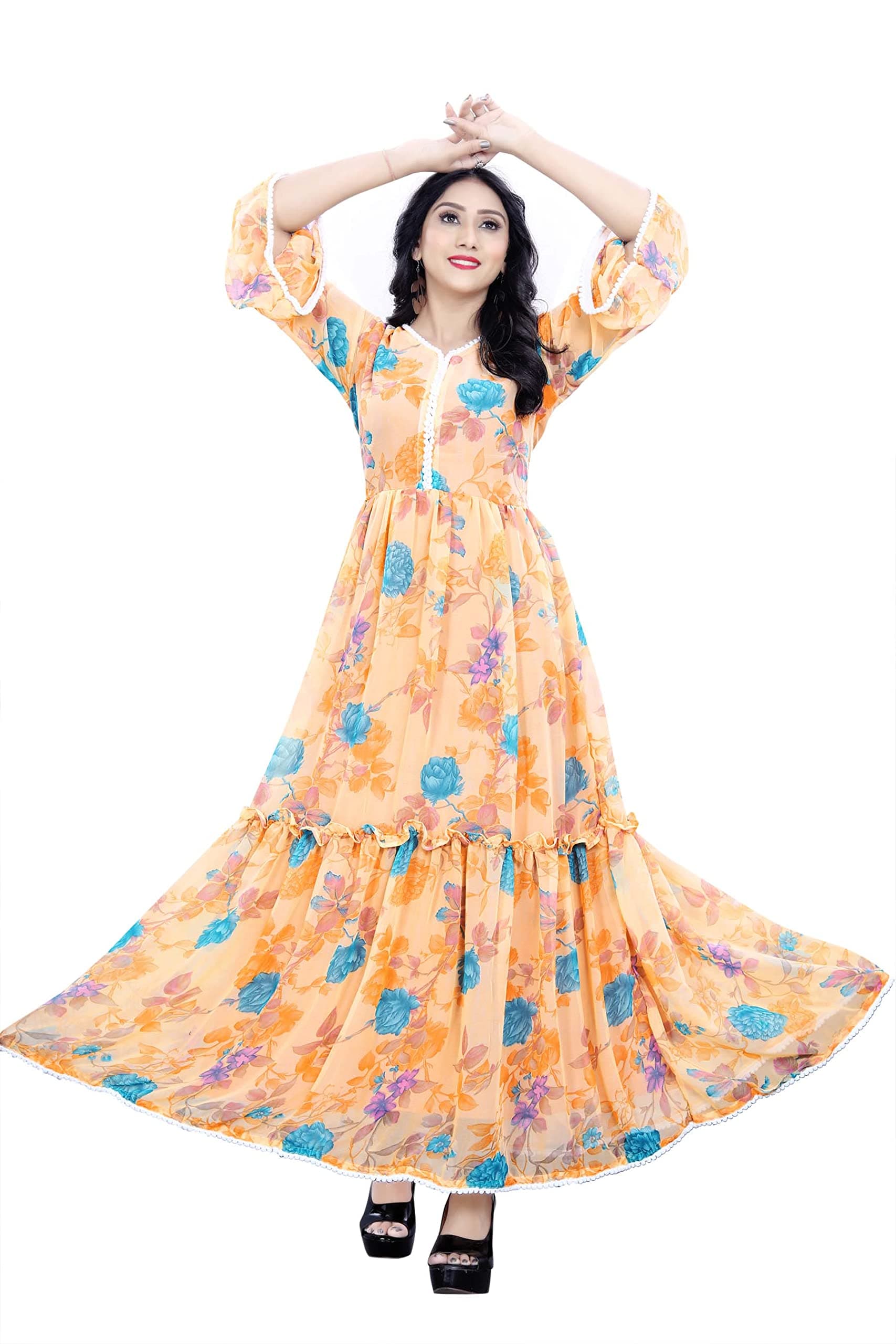 RUDRA FASHION MART Women's Gown Maxi Long Dress, Latest Georgette Long Ethnic Anarkali Gown for Women and Girls (Large, Orange)