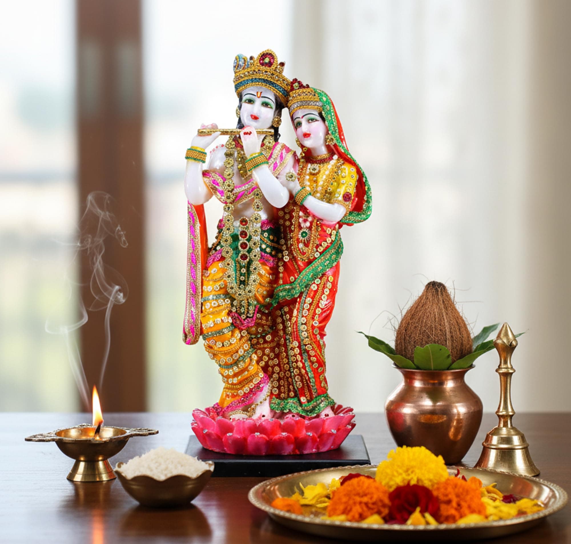 eSplanade Radha Krishna Kishan Standing on a Lotus Murti Idol Statue Sculpture - Resin - 16" Inches