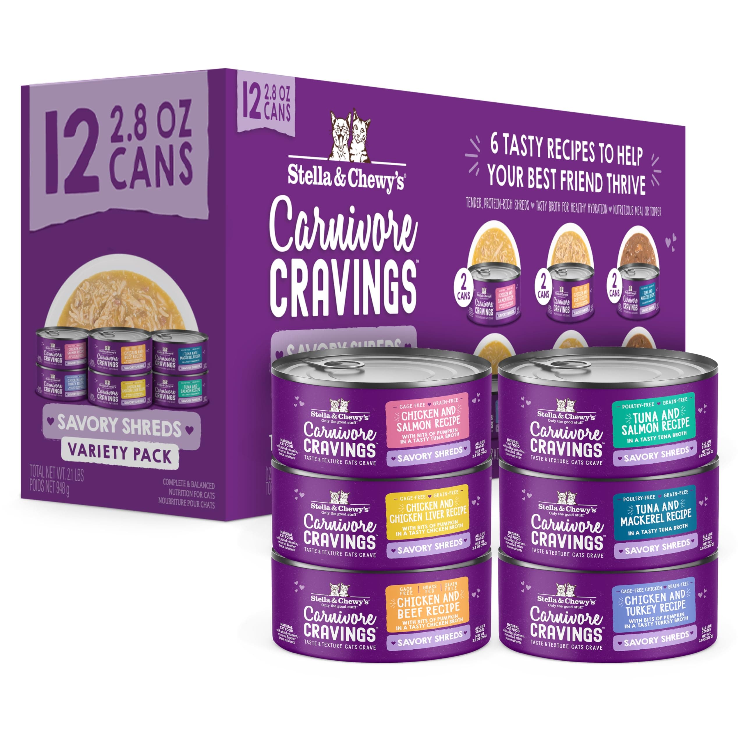 Stella & Chewy’s Carnivore Cravings Savory Shreds Canned Wet Cat Food Variety Pack – (2.8 Ounce Cans, Case of 12)