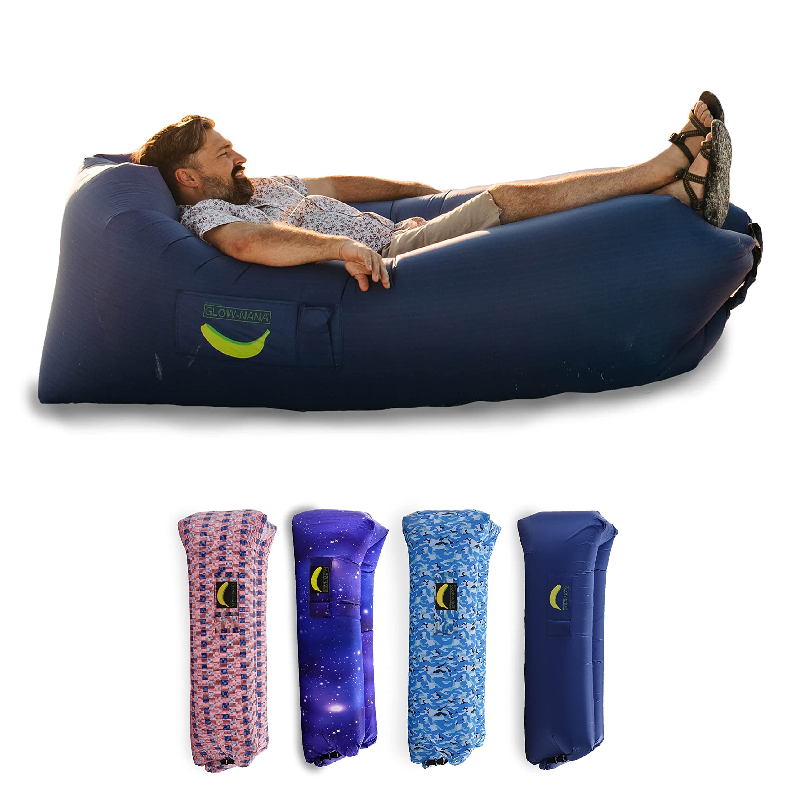 Rukket Sports Glow-Nana Inflatable Lounger, Blow Up & Light Up Air Chair & Couch for Lounging, Camping, Beach, & Festival, Sofa Hammock for Adults & Kids, LED Portable Wind Furniture Loungers